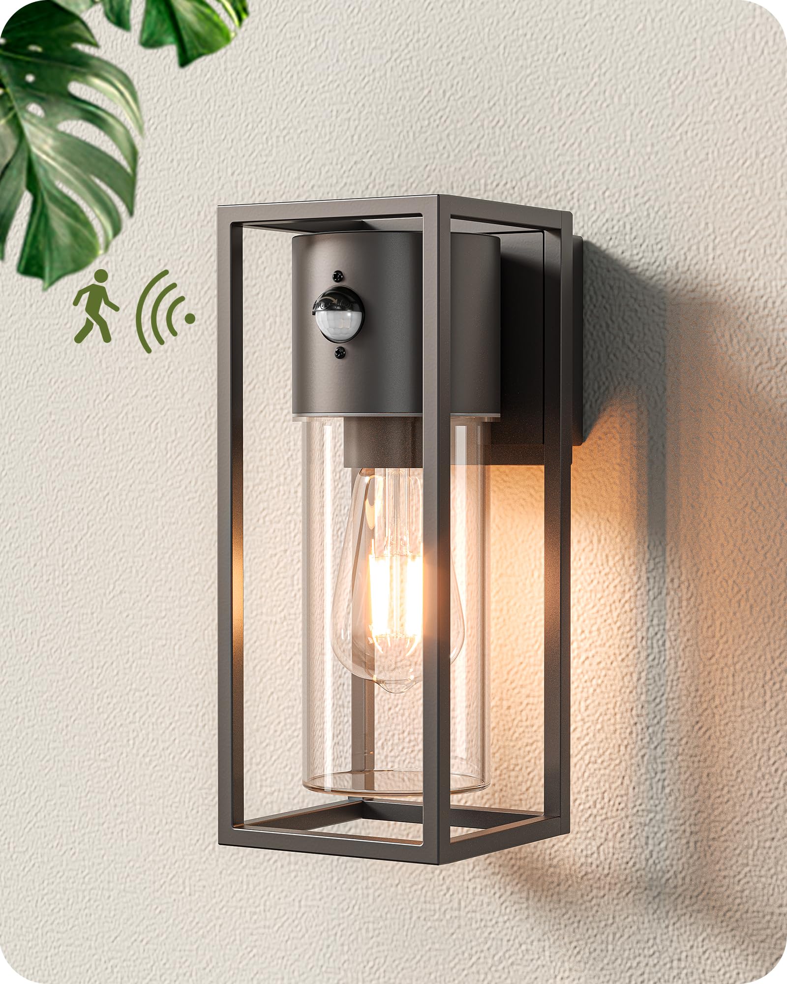 EDISHINE Zewnętrzna lampa ścienna z czujnikiem ruchu, gniazdo E27, wodoodporna IP44, lampa ścienna z aluminium i szkła hartowanego do ogrodu, na taras, fasadę, żarówki nie są dołączone, antracytowa