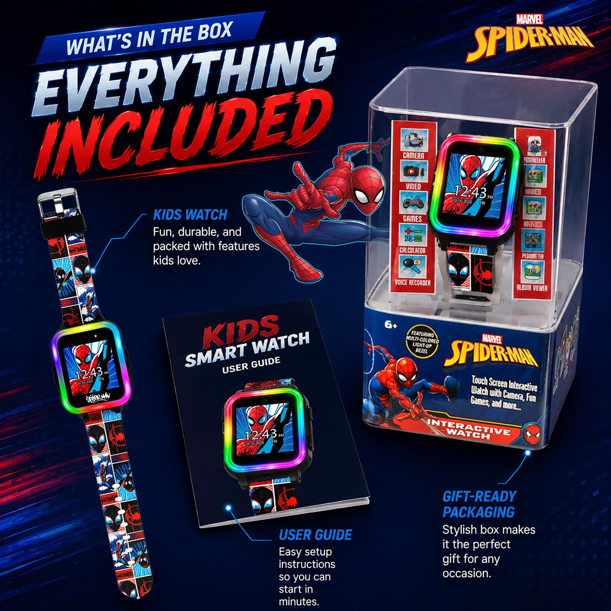 Marvel Spider-Man Kids Smartwatch interattivo con touchscreen, giochi, fotocamera, timer e contapassi, per ragazzi e ragazze, 10 quadranti, 3 sfondi, cinturino rosso e blu, lunetta luminosa a LED,
