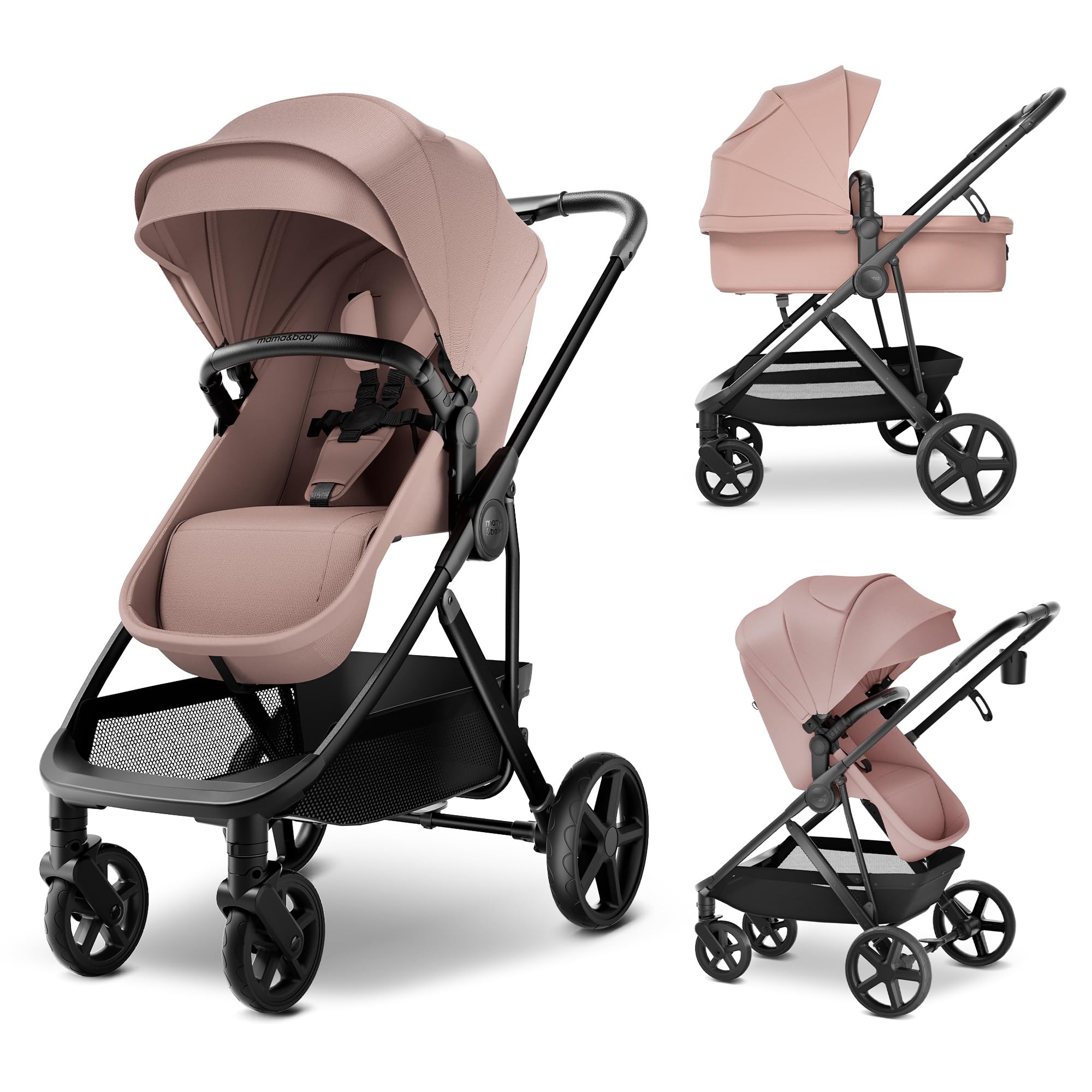 MAMA & BABY Rovee Bassinet Baby Stroller, 2-in-1 Foldable Infant Stroller with Reversible Seat, UPF 50+ Canopy, All-Terrain Wheels for On-The-Go Families