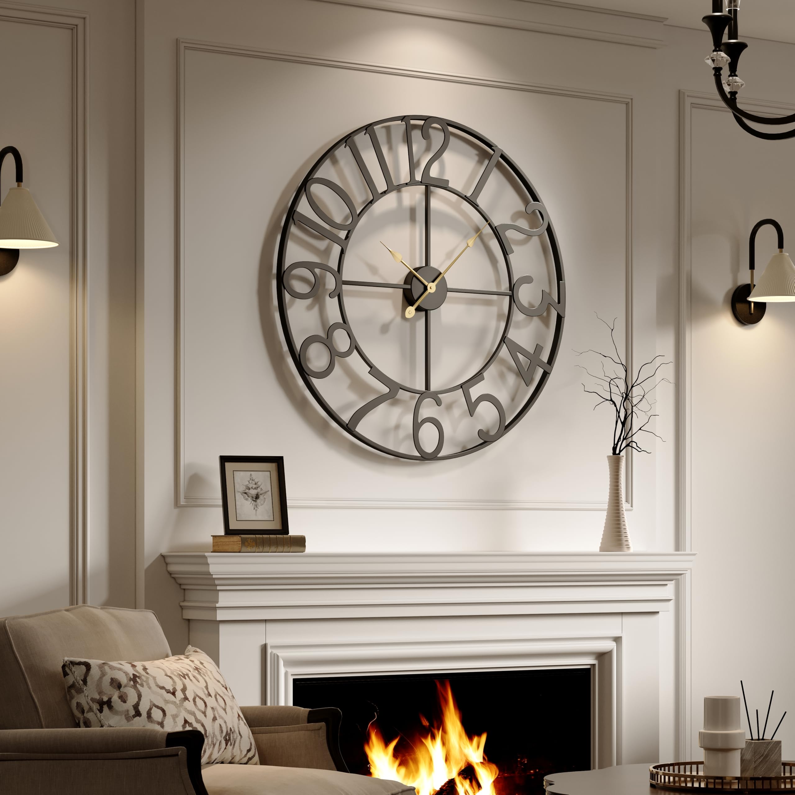 Large Wall Clock for Living Room Kitchen Mantel Decor, 30 Inch Decorative Wall Clock Silent Non Ticking Battery-Operated Metal Round Modern Black Wall Clocks Arabic Numerals