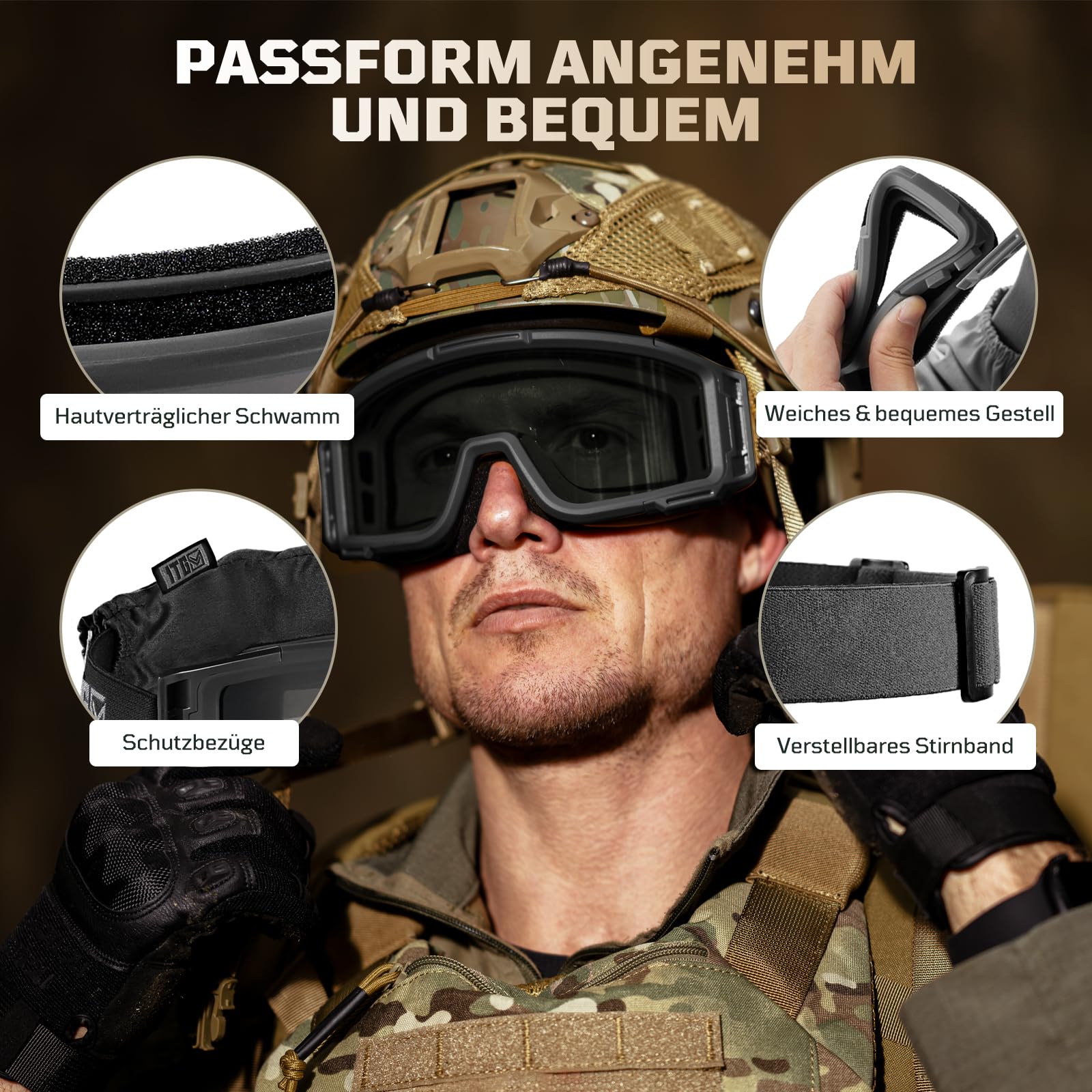 1TG Tactical Airsoft Brille, Taktische Schutzbrille mit 3 Wechselobjektive, Jagdbrille mit CE EN166, Airsoft Gläser für Paintball, Jagd, CS, Radfahren, Outdoor