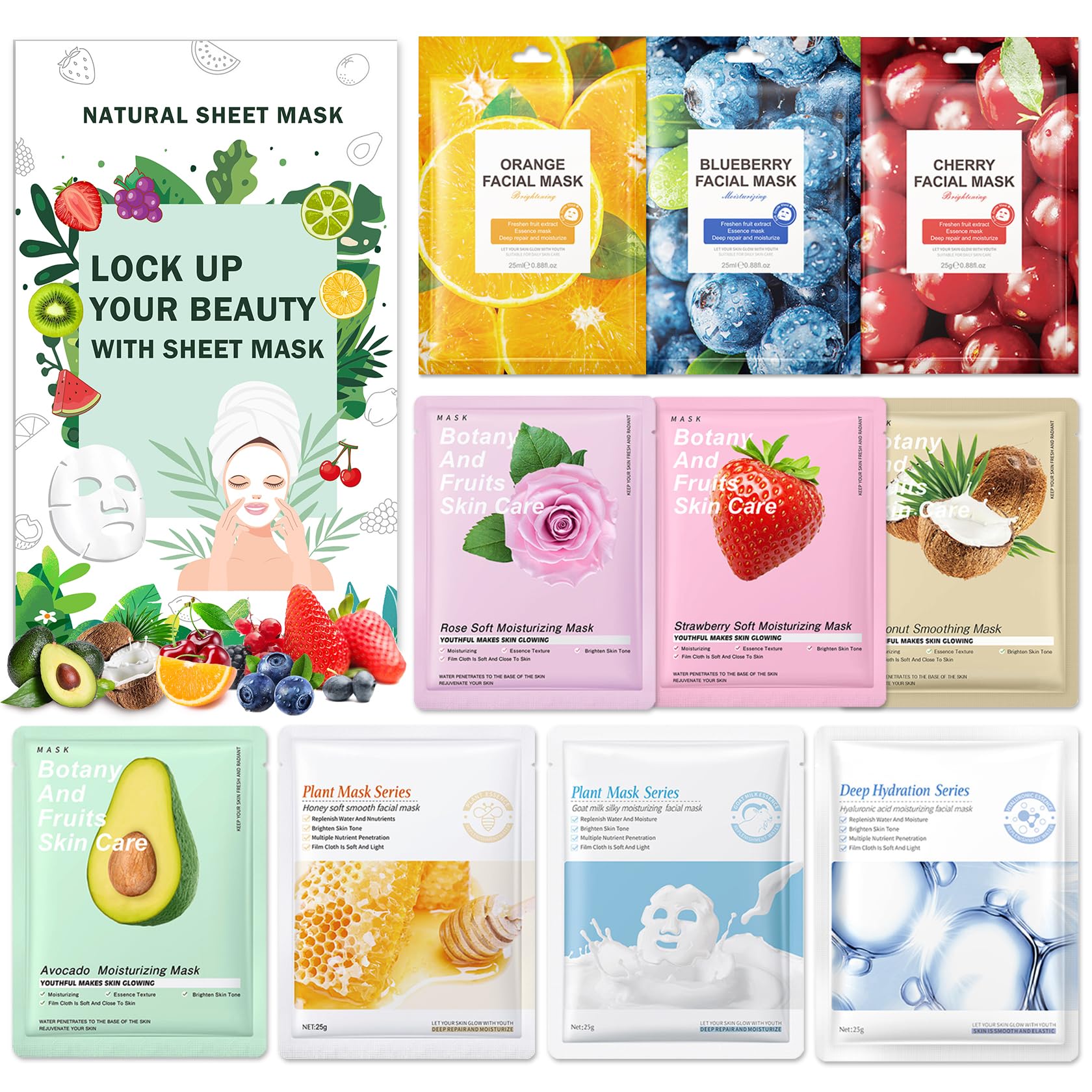 AOAZXBB 10 Pack Kids Face Mask Sheet,Fruit Face Masks Skin Care,Moisturize Nourish Face Mask for All Skin Types