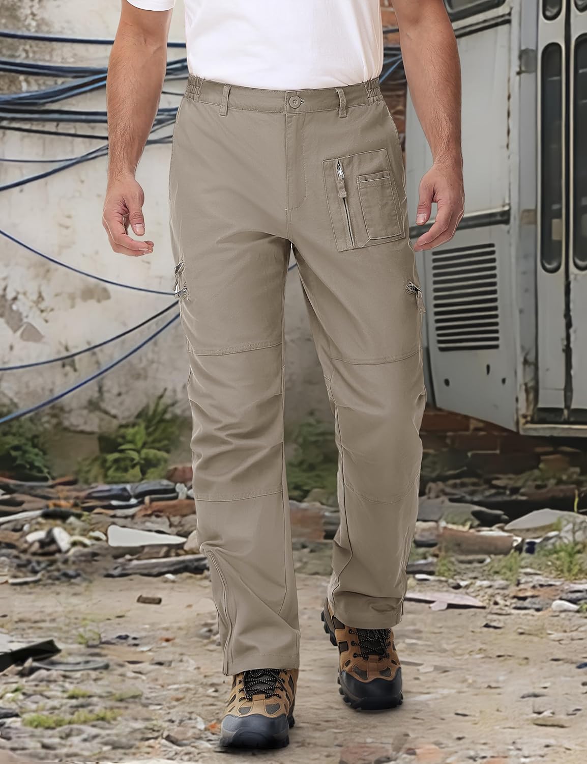 CRYSULLY Men's Cargo Pants Tactical Work Pants for Men Ripstop 9 Pockets Construction Trousers (No Belt)