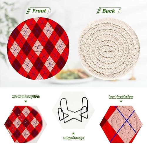 Miniatura 4 de Cup Coasters Set of 6 with Holder Drink Coasters for Home Absorbant Coasters Porta Vasos para Mesas Plaid