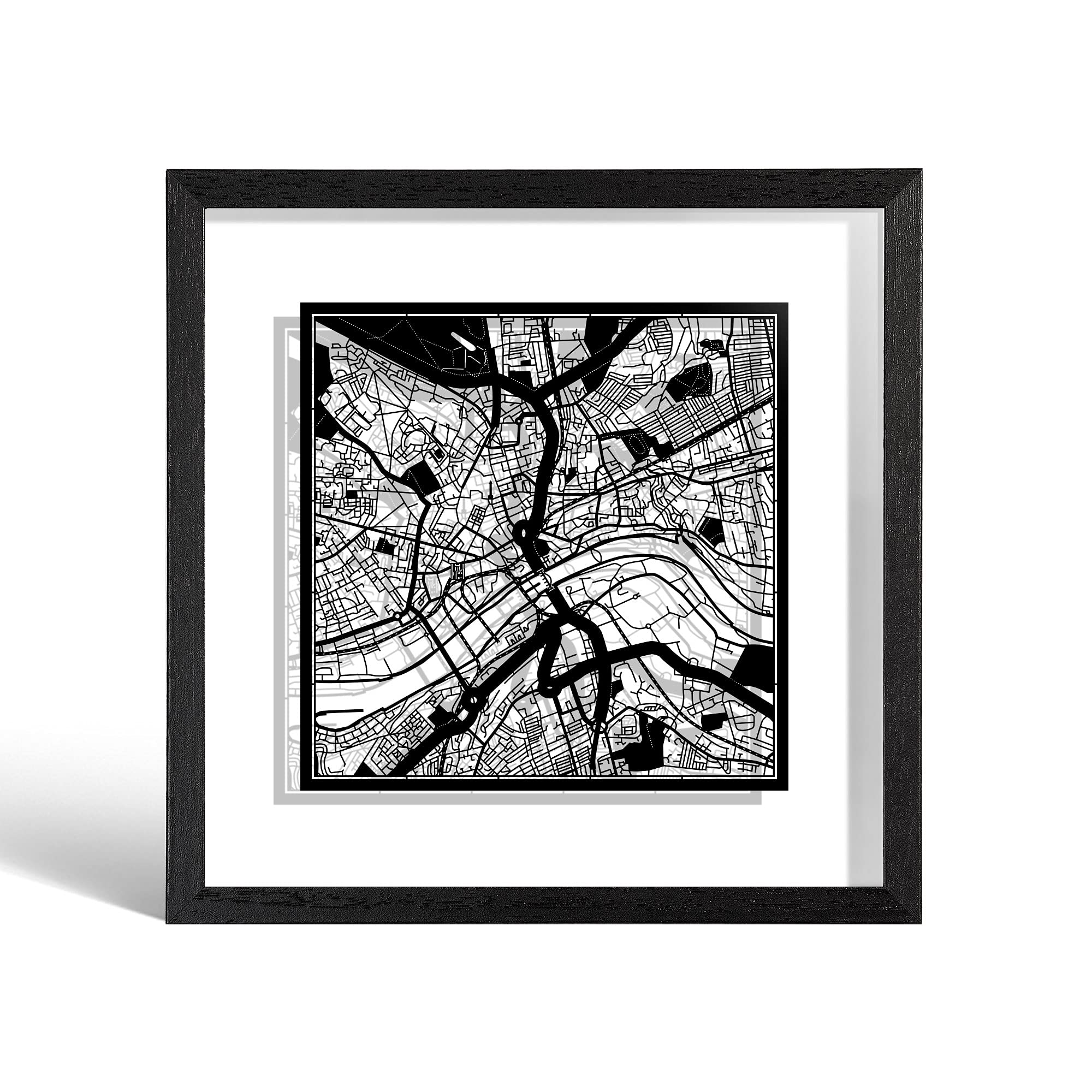 O3 DESIGN STUDIO Newcastle upon Tyne Paper Cut Map framed, Black map, Black frame, 23x23 cm, Gift Boxed, 2 background color, self-changing, Paper Art — image 1