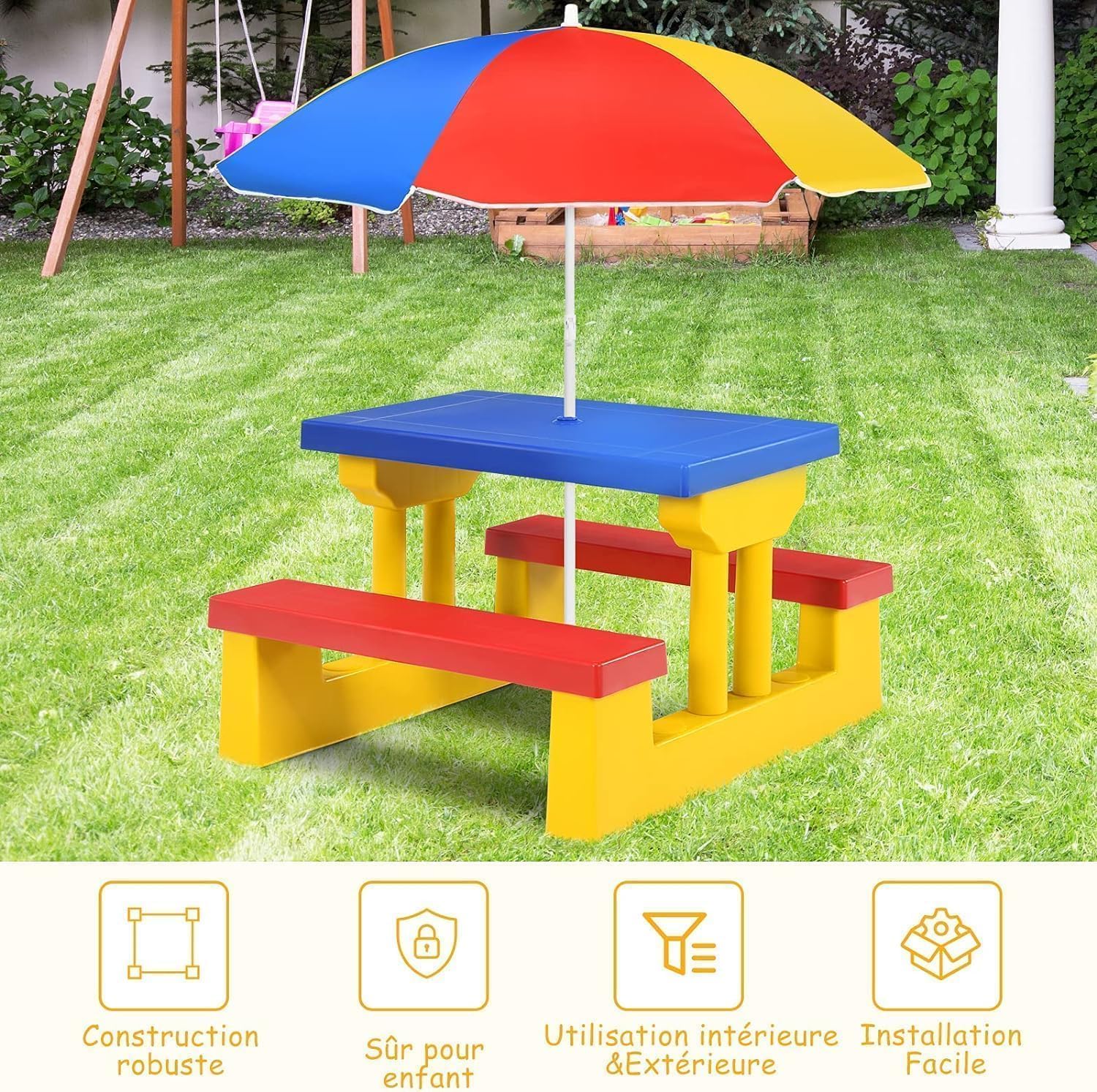 GOPLUS Table Pique-Nique Enfant, Table Extérieure Enfant avec Parasol Amovible, Salon de Jardin en PP, Petit Banc pour Balcon, Patio, Terrasse (Bleu+Rouge+Jaune)
