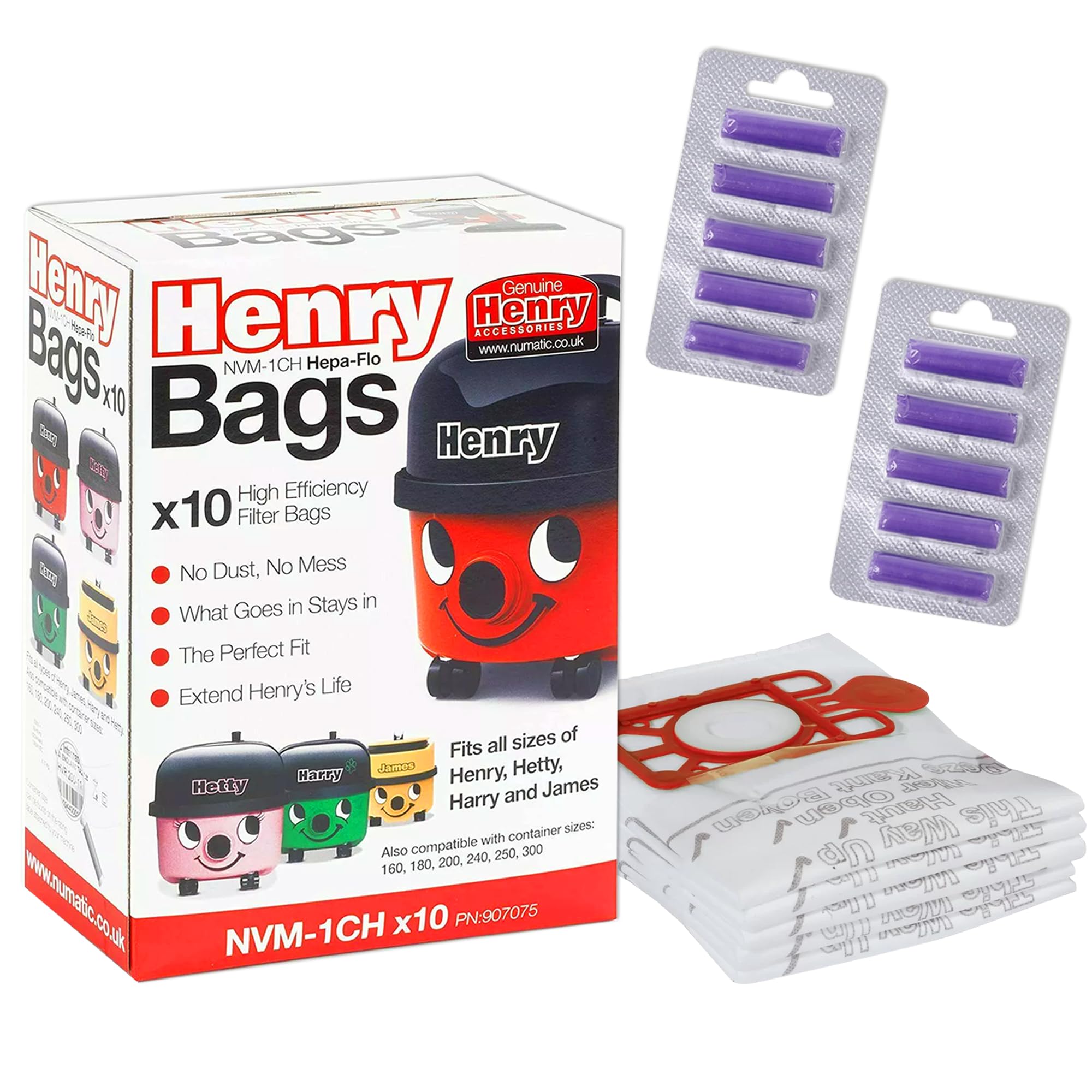 Genuine Hepa-Flo Henry Hoover Bags for Henry Vacuum Cleaner Pack of 10 With 10 Freshener Sticks - Hetty Vacuum Cleaner Bags - Numatic Hoover Bags for Hetty, Harry, James Models