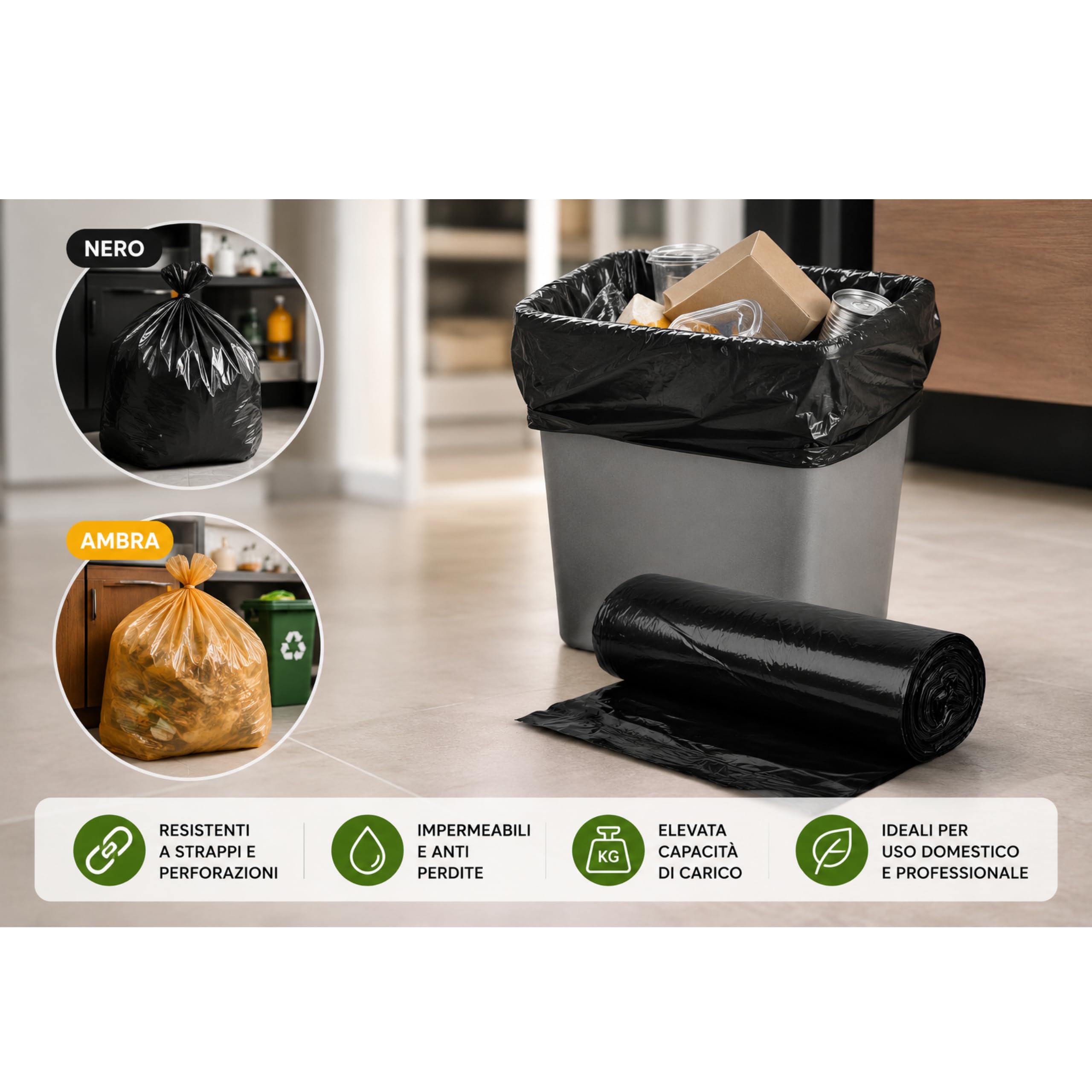 Sacchi spazzatura industriali HD, 10 sacchi per rotolo 800 g, materiale polietilene, colore ambra, dimensioni 70x110 cm, sacchetti immondizia resistenti, confezione da 20 rotoli