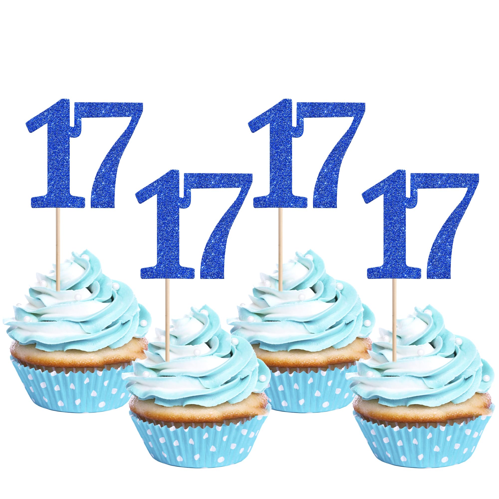 Xsstarmi 36 Pack Number 17 Cupcake Toppers Glitter Cheers to 17 Years Birthday Cupcake Picks Decoration for Happy 17th Birthday Wedding Anniversary Party Cake Decorations Blue