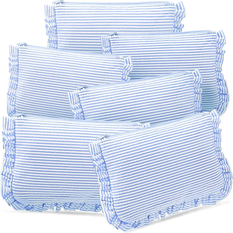 Necessaires Sanwuta de tecido seersucker listrado azul-claro com zíper e babado, Pacote com 6