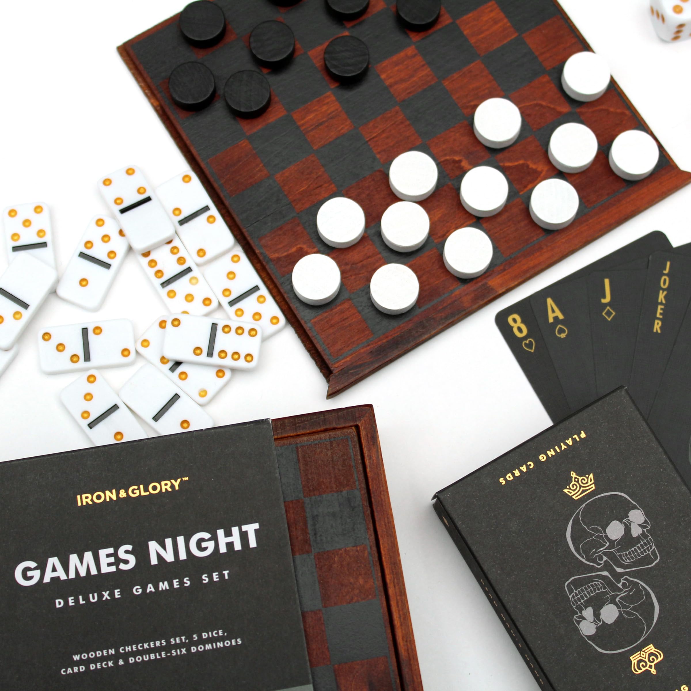 Iron & Glory Games Night | Spiele für Erwachsene für den Spieleabend | 4 in 1 Spiele für Erwachsene | Spiele in Reisegröße & Tischspiele | Klassische Brettspiele | Inklusive Spielkarten, Domino-Set &