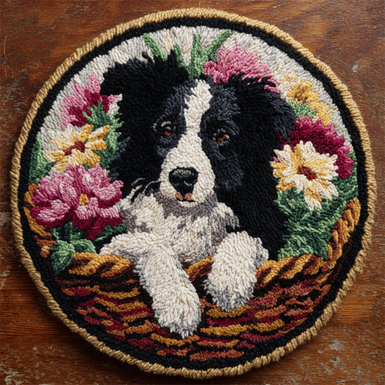 Kitquiver Dog Animal Latch Hook Rug Kits Border Collies and Flowers DIY Latch Hook Rug Kit for Adults，Carpet Making Needlework for Beginners，Home Decor 50x50cm
