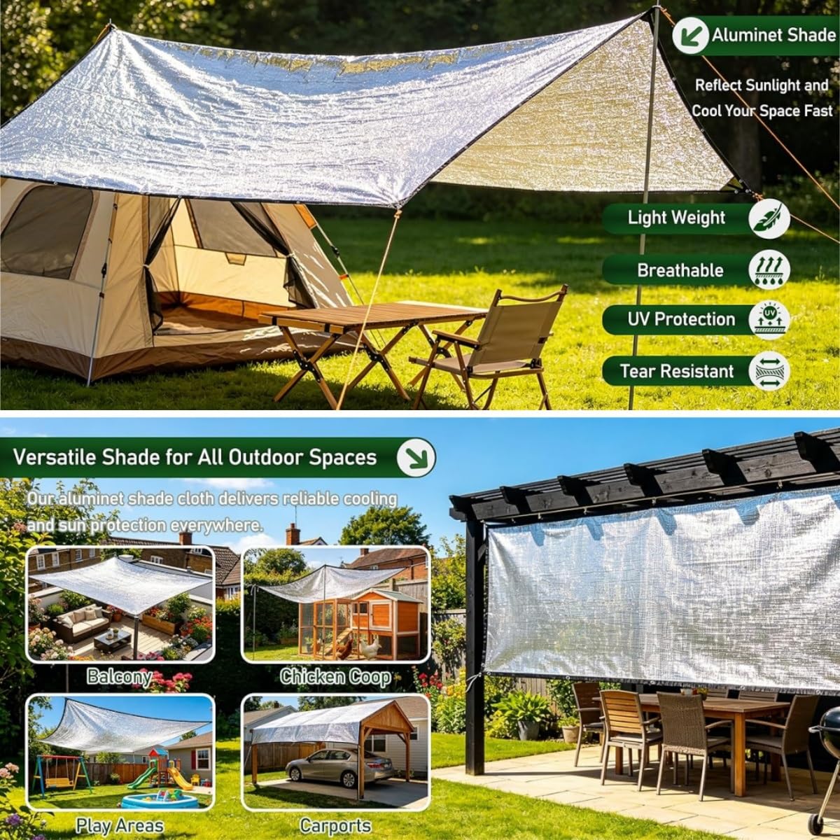 Odblaskowa tkanina z folii aluminiowej, odporna na promieniowanie UV, siatka przeciwsłoneczna z przelotkami, osłona zewnętrzna do samochodów, bud psów, kampera, patio, ochrona przed zacienieniem 95%