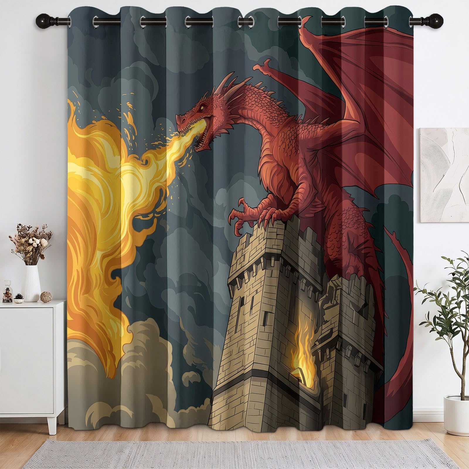 Zasłona przeciwpożarowa, 100% termiczna zasłona zaciemniająca z oczkami, zestaw 2 szt., 75 x 166 cm, fantastyczne zwierzątko do sypialni chłopięcej, do pokoju dziecięcego, gry zaciemniające i redukcja