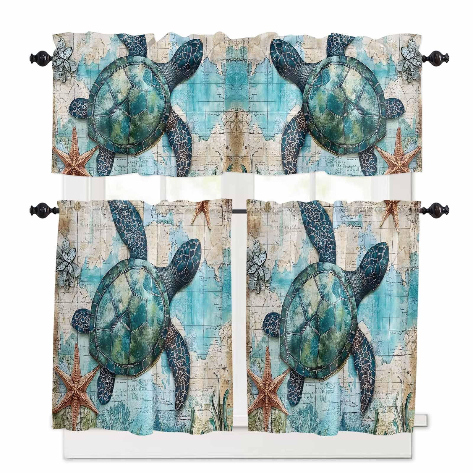 Teal Blue Sea Turtle Kitchen Curtains 36 Inch Length, 3 Piece Rod Pocket Small Half Tiers and Valance Set, Summer Ocean Nautical Starfish Small Large Window Treatment Decor for Bedroom/Bathroom Sink