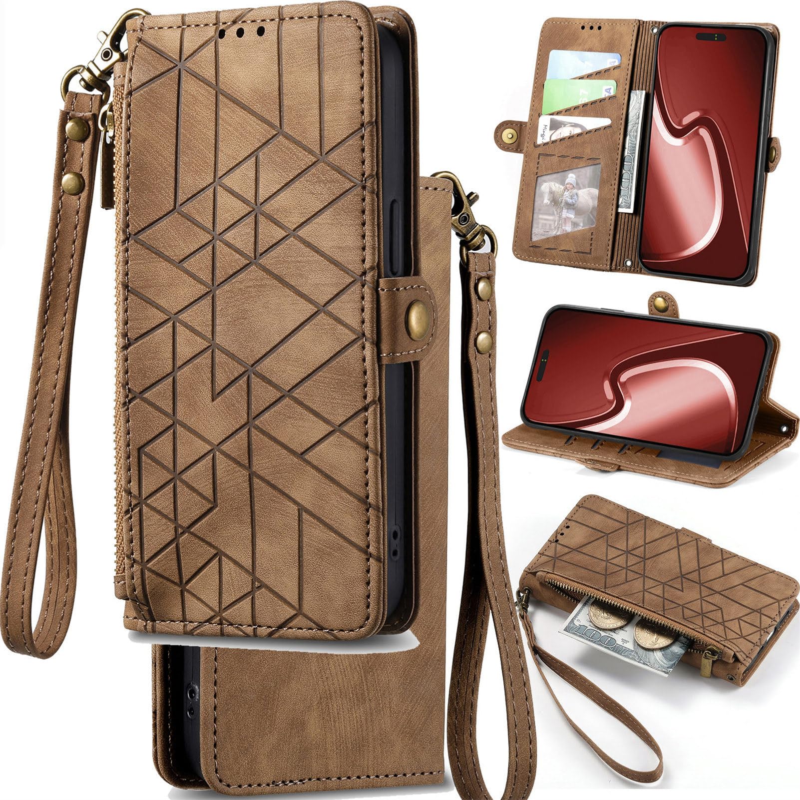 for Samsung Galaxy S22Ultra Phone Case Leather Wallet Zipper Pocket Pouch, Retro Brushed Striped Folio Flip Cover Kickstand, Card Holder Cash Slot, Magnetic Metal Button, Wrist Strap Brown