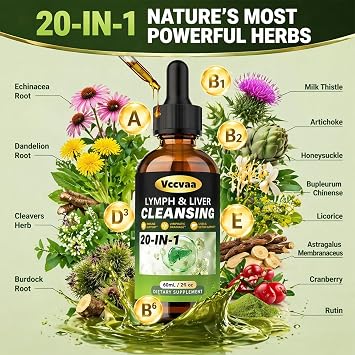 20-in-1 Liposomal Lymphatic Drainage Drops & Liver Cleanse Detox - Fast-Absorbing Lymphatic Support Liquid Drops with Milk Thistle, Dandelion, Burdock & Fucoxanthin, Raspberry, 2 Fl Oz