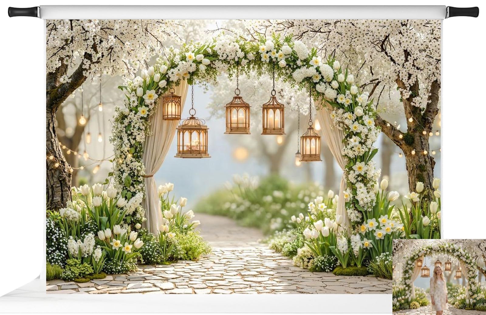 Photo 1 of Kate Spring Photography Backdrops Arch Floral Backdrop White Flower Bloom Photo Background, 10x8ft
