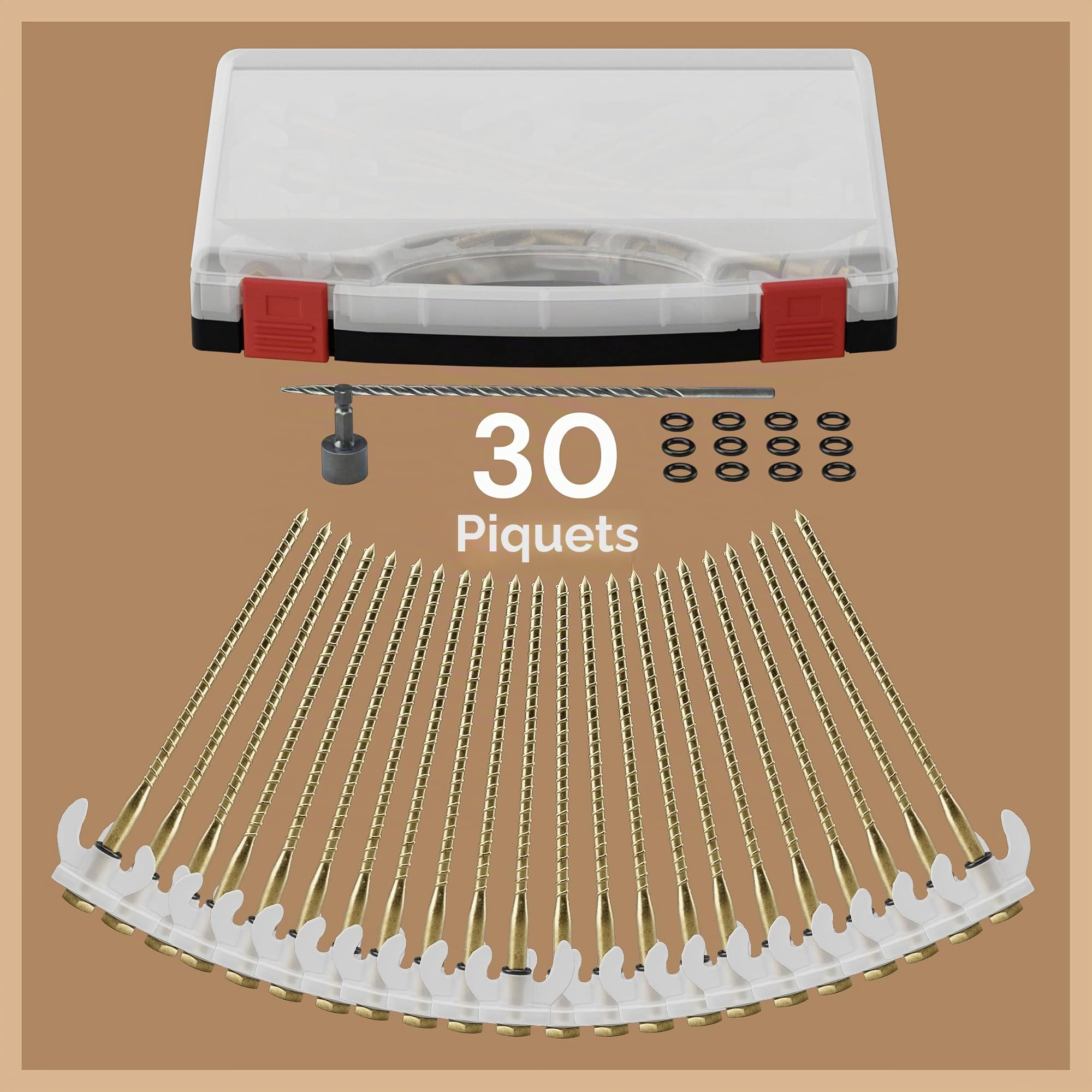 Set de 30 Piquets de Tente à Vis Robustes avec Coffret – Piquets Spirales pour Sols Durs et Mous – 2 Embouts de Perçage + Douille Inclus – Idéal pour Tentes, Abris, Bâches et Auvants
