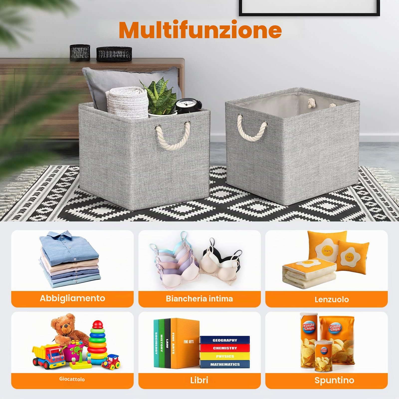 Set di 4 Scatole Portaoggetti, 33 x 38 x 33 cm, Cestini Portaoggetti in Tessuto, Cesto Portaoggetti Pieghevoli con Manici, Contenitori Portaoggetti per Giocattoli, Vestiti, Libri, Grigio