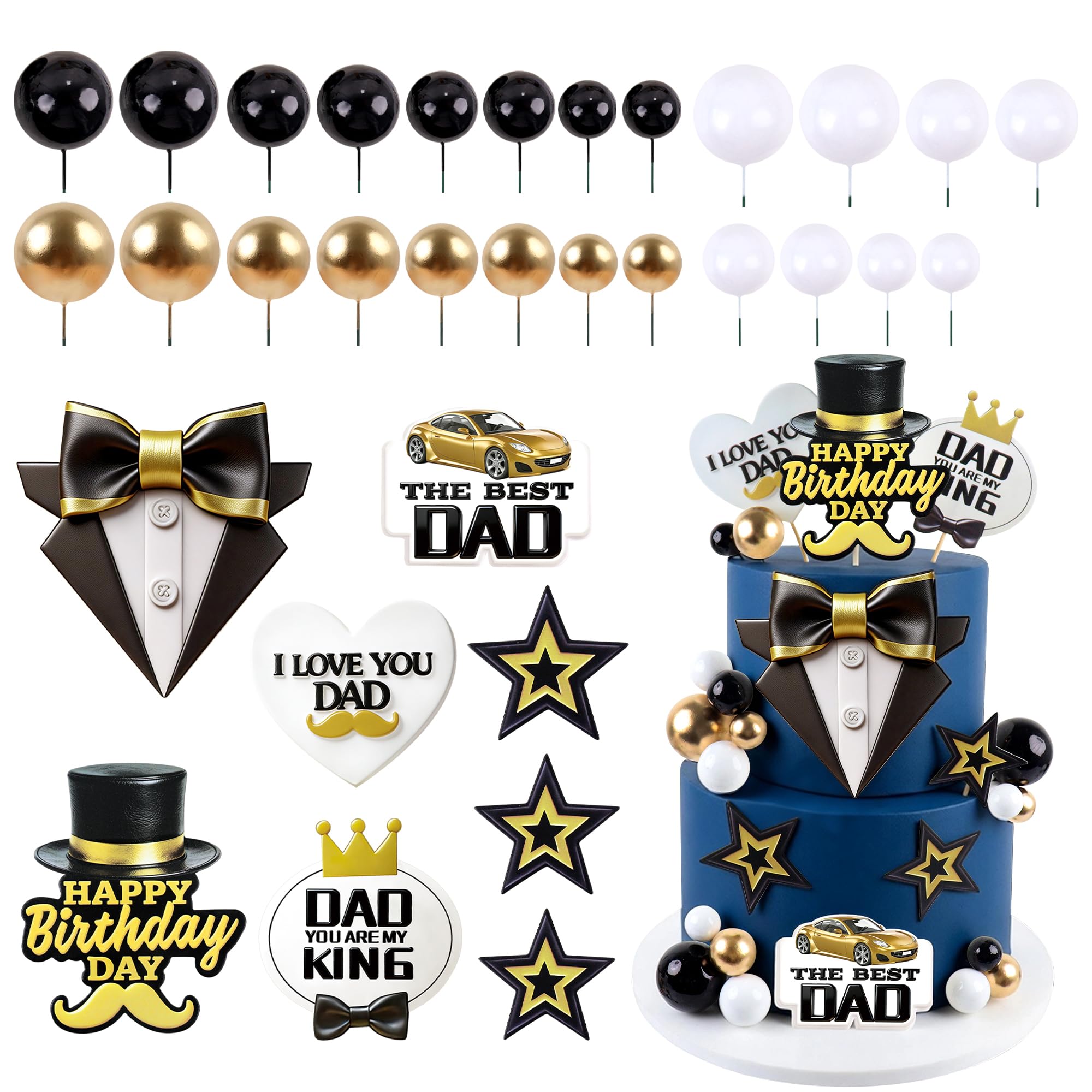 32Pcs Golden Black Happy Birthday Cake Toppers Best Dad Cake Picks Golden Black White Balls Cake Ornaments for Father's Birthday Cake Decorations Men Birthday Father's Day Party Supplies โ image 1