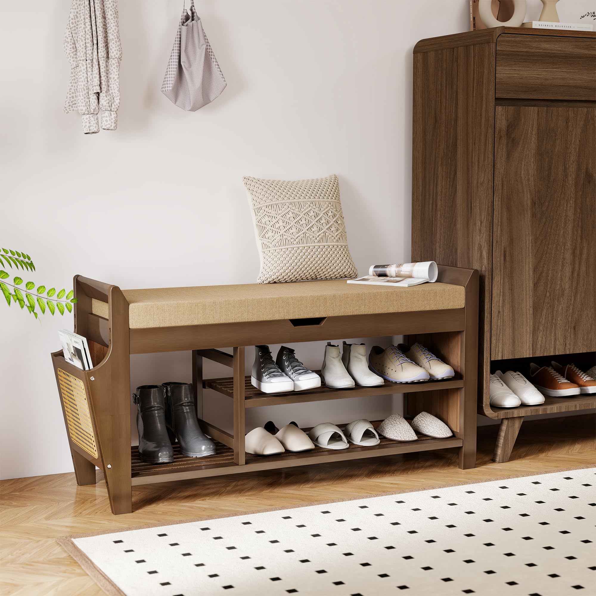 Pamapic Banco Zapatero, Banco Zapatero con Asiento, Mueble de Recibidor de 3 Niveles, Almacenamiento Oculto, Compartimento de Almacenaje para Entrada, Dormitorio, 100 x 30 x 50 cm
