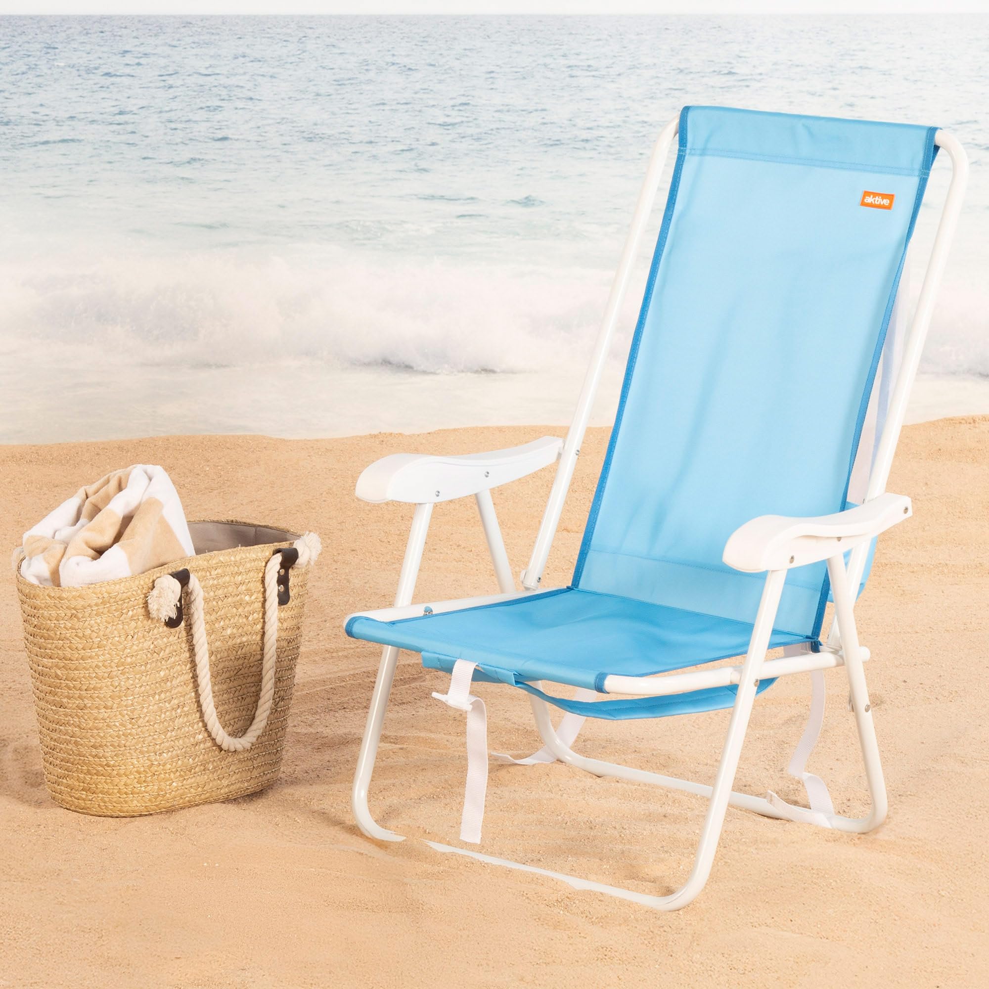 AKTIVE Silla de Playa Plegable Azul Marino, 44x40x81 cm, Diseño Tipo Mochila, con Bolsillo de Red, Estructura de Acero, Tejido poliéster, hasta 110 kg (62507)