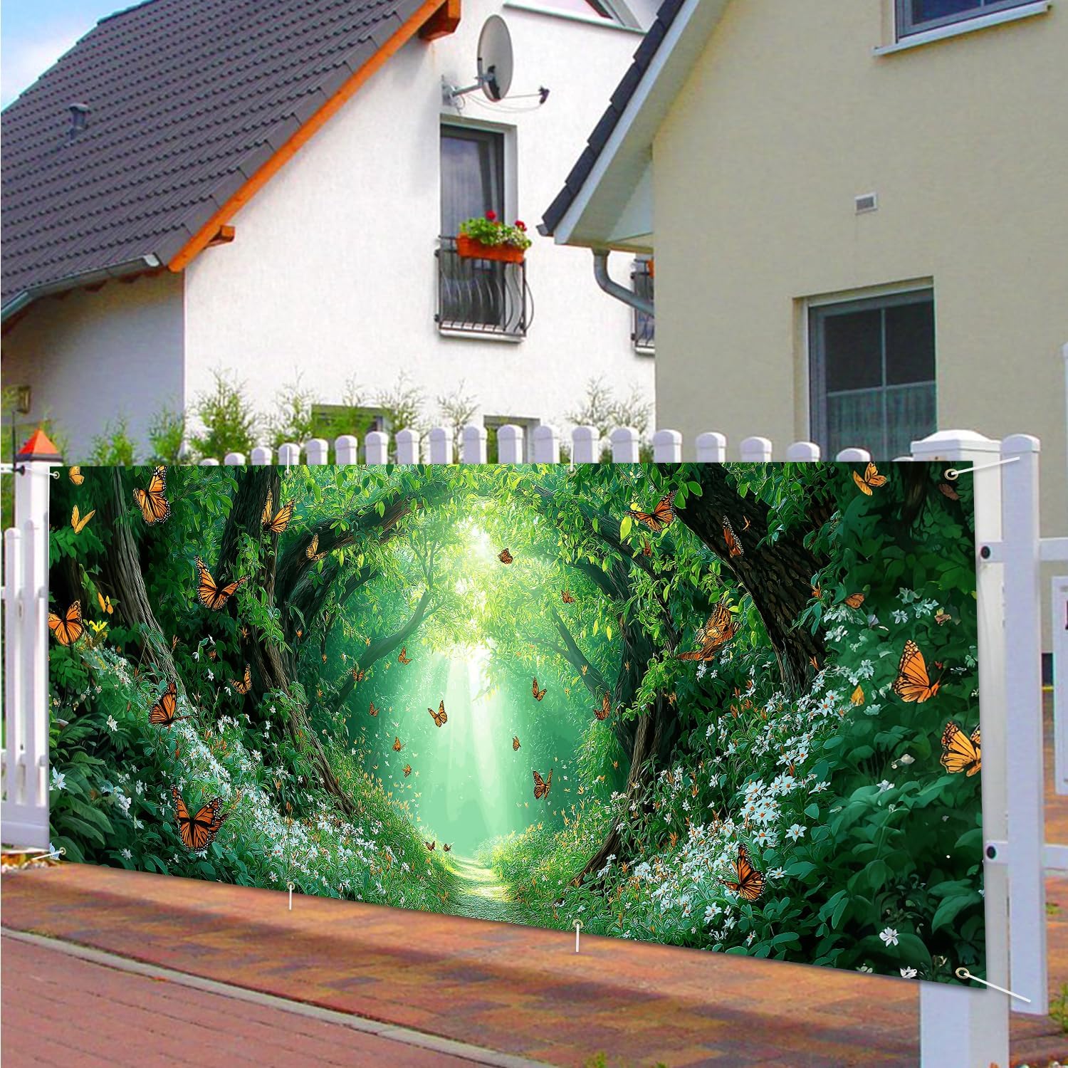 13x6 ft Enchanted Forest Path Garage Door Banner - Sunlit Tree Tunnel with Butterflies & Light Rays Backdrop, Hanging Nature Decor for Garden or Patio, Serene Outdoor Wall Art