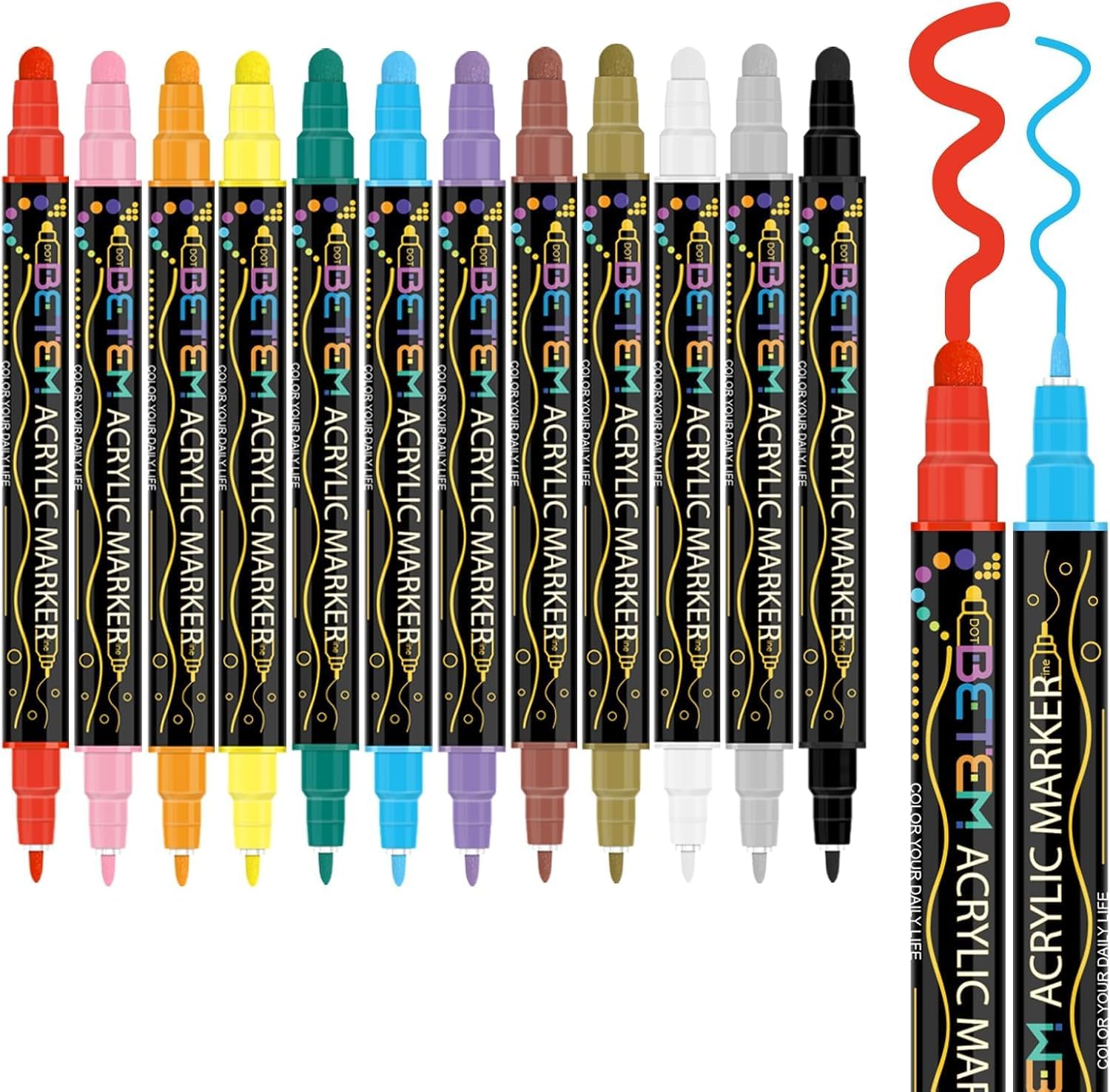 Betem Colors Dual Tip Acrylic Paint Pen Marker Premium Acrylic Paint Pen for Wood, Canvas, Stone, Rock Painting, Glass, Ceramic Surface, DIY Craft Craft Art Supplies (12 Paint Markers)