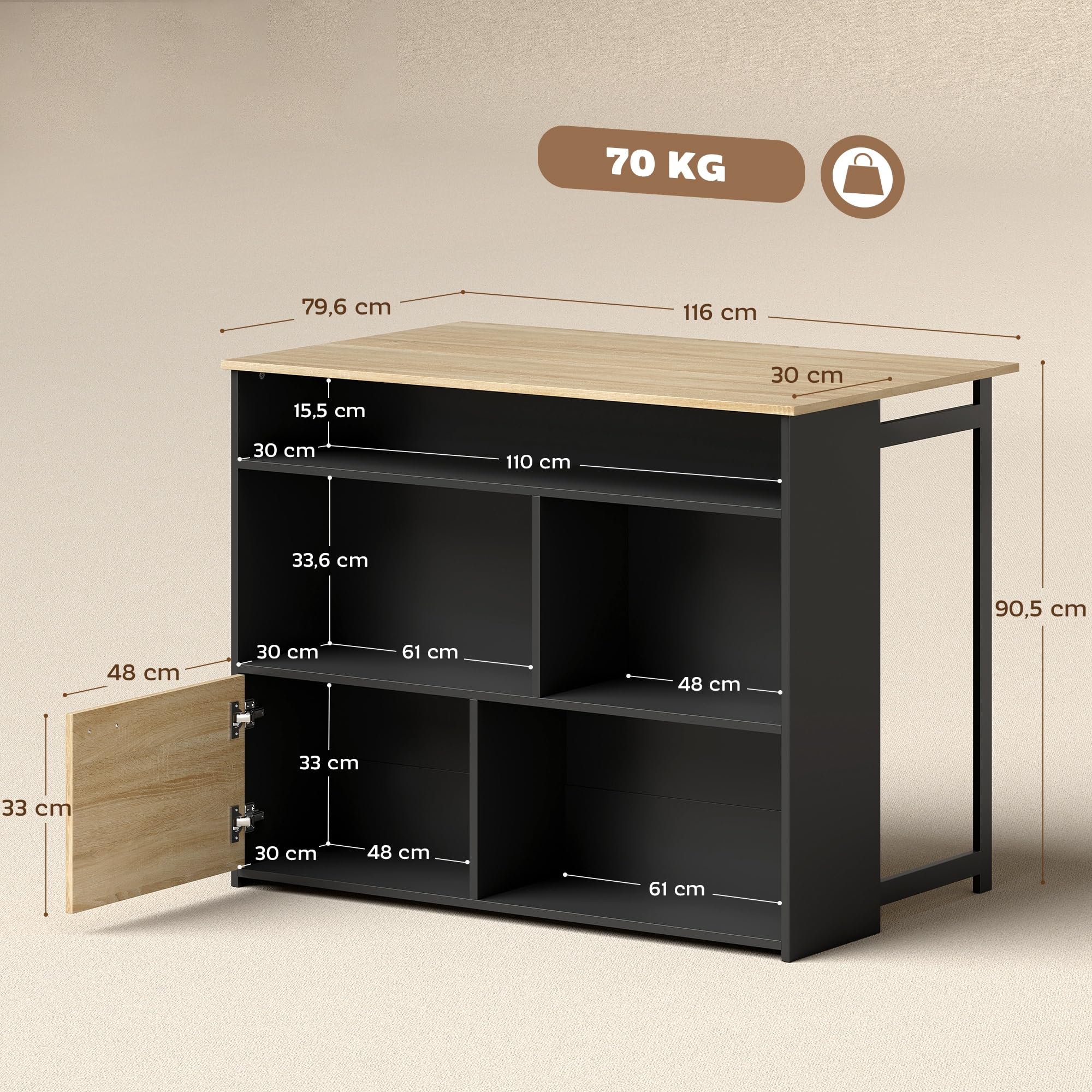 HOMCOM Table de Bar Extensible avec abattant, Table Haute Cuisine, 1 Placard à Porte et 4 Compartiments Ouverts, Style Moderne, pour Petits espaces, Salle à Manger, Salon, 116 x 79,6 x 90,5 cm, Noir