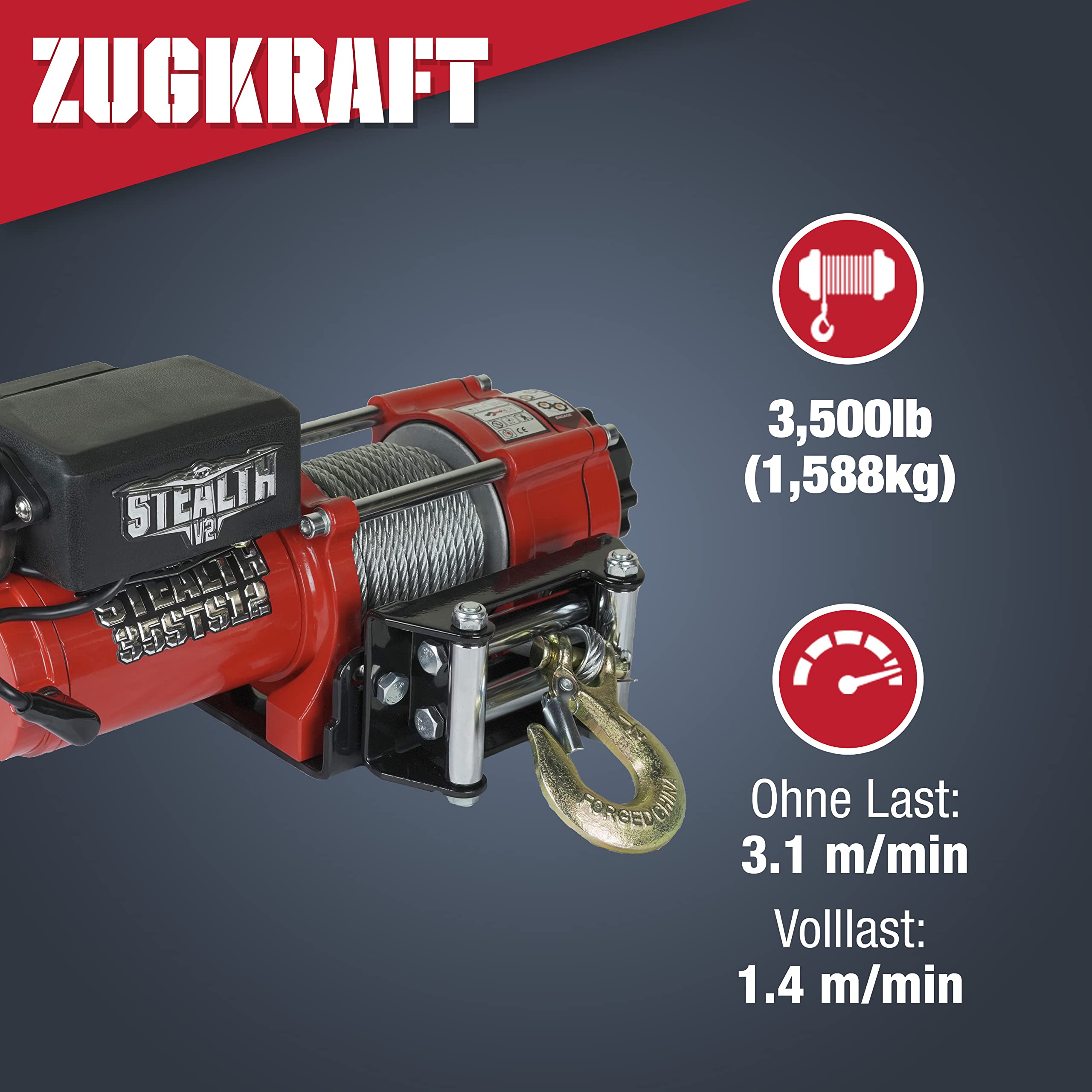 Stealth 3500lb 12v Kabellose Budget-Bergeseilwinde - Kraftvoller Wickelmotor - Vollstahl-Getriebe - Schwere Solenoid, Montageplatte, Drahtlose Fernbedienungen - Benutzerfreundlich - Stahlseil