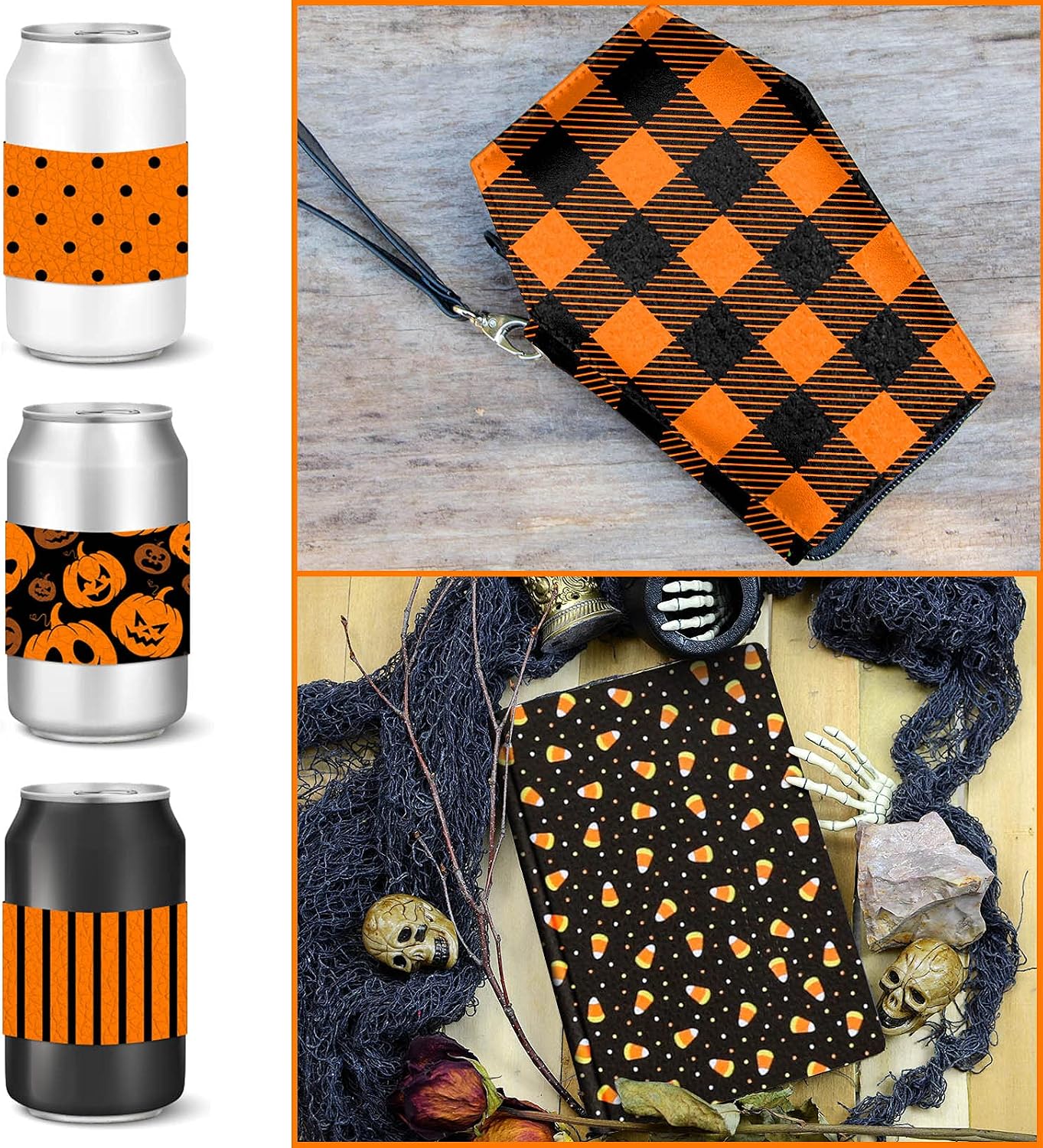 Whaline Halloween Faux Leather Sheets 8 x 12 Inch Pumpkin Plaid Dots Stripe Synthetic Leather Fabric Glittery Black Orange Faux Leather for Halloween DIY Craft Earring Hair Bow, 12 Sheet