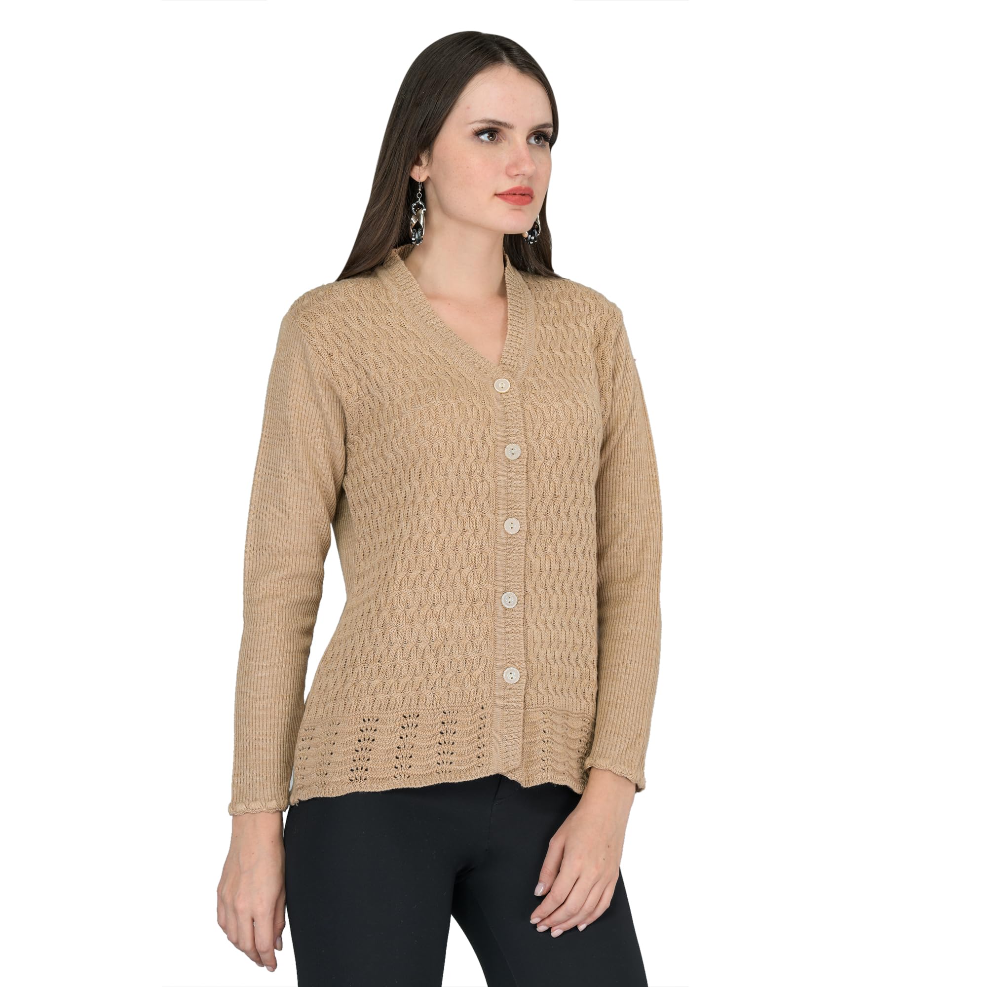 lady willington Women's Woolen V-Neck Cardigan - Heavy Daffodil Fabric Winter Wear Pure Wool Long Cotty Fully Warm Cardigan (X-Small, Dark Skin)-picture-27