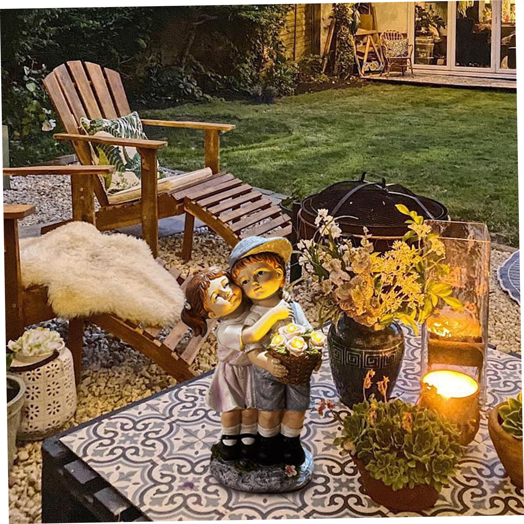Statua da Giardino Solare, Statuetta in Resina per Ragazzo e Ragazza, Decorazione Resistente alle intemperie
