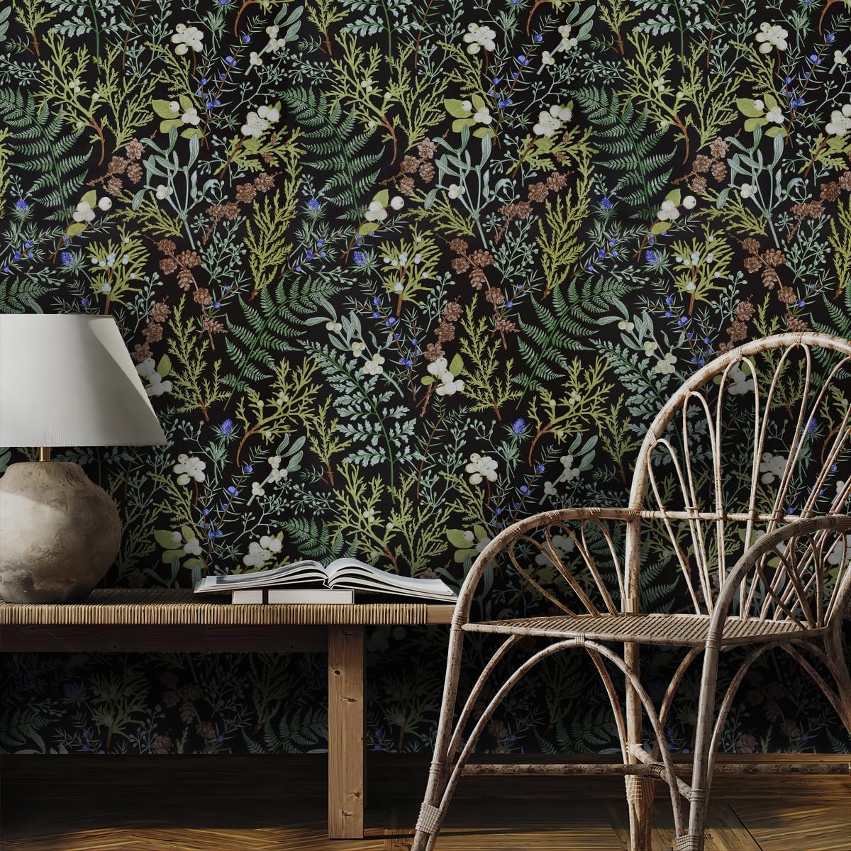 Okydoky Peel and Stick Wallpaper, Black Floral Wallpaper, 17.3"x236", Boho Leaf Wall Paper, Self-Adhesive Contact Paper, Home Decor for Bathoom Kitchen Wall Cabinet, Vinyl Waterproof L93192-6(US)