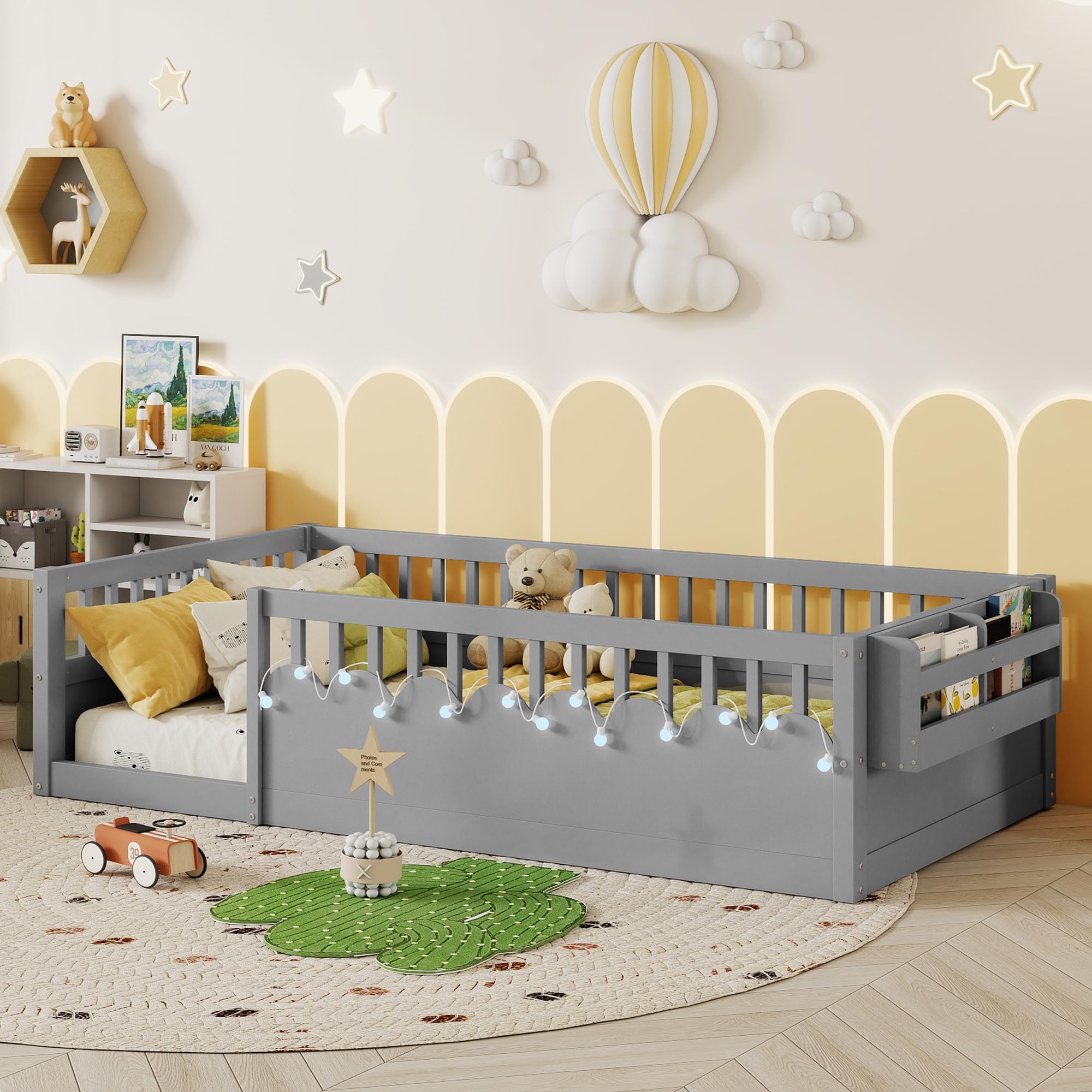 Twin Size Montesori Floor Bed for Kids, Floor Bed with High Fence Rails, Wood Playhouse Beds with No Slats for Baby Boys Girls Teens, Gray