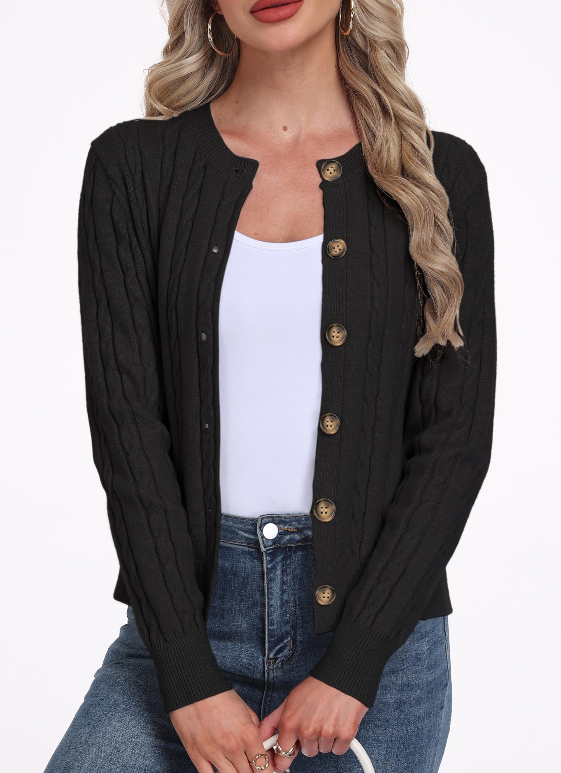 GRECERELLE Kardigan damski z długim rękawem, elegancki, luźny, okrągły dekolt, styl casual, stylowy sweter z dzianiny, klasyczny płaszcz z dzianiny, z guzikami, na jesień, zimę, wiosnę
