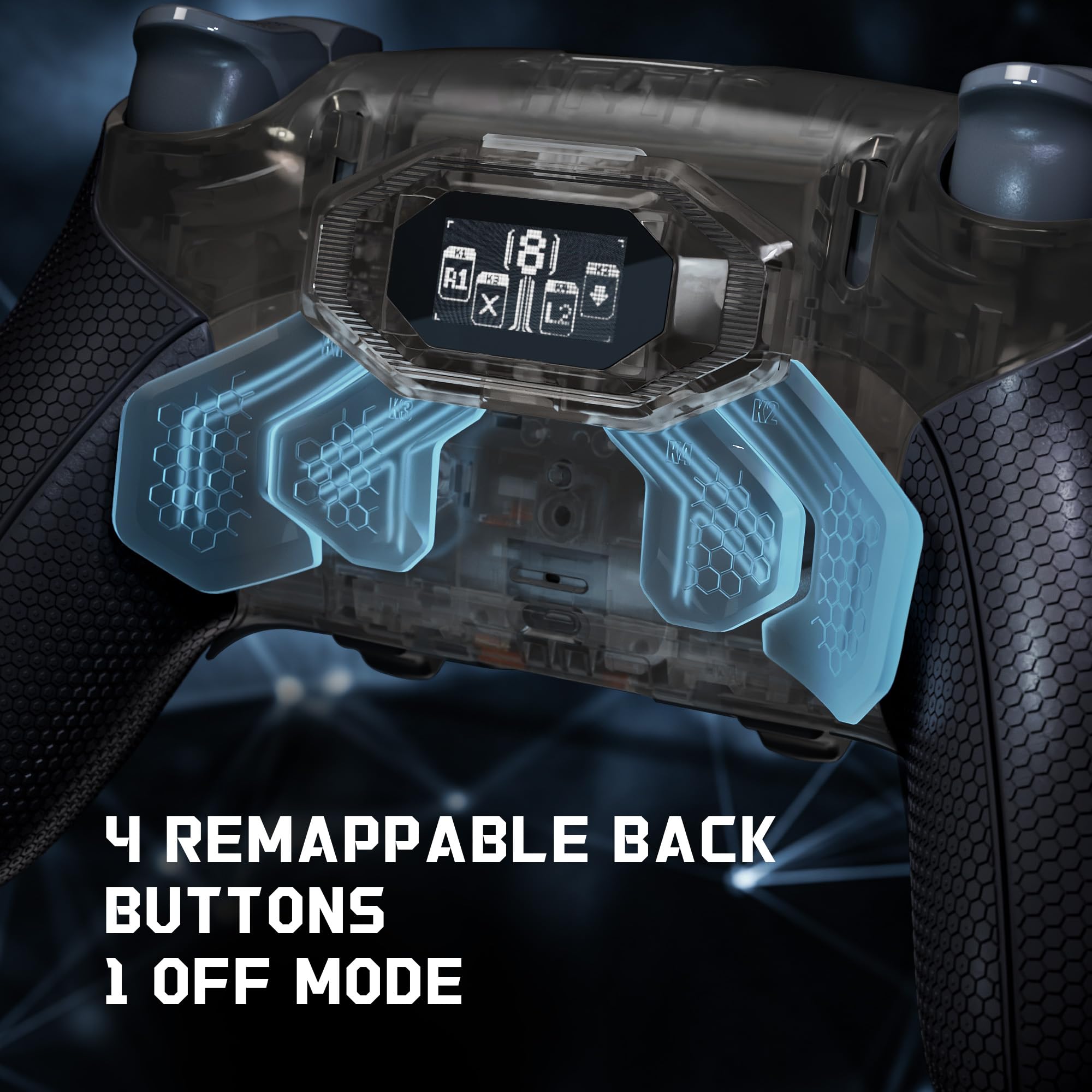 eXtremeRate BEYOND Paddle Rimappabili per ps5 Edge Controller, Display OLED, Cover Grip Ergonomici, 4 Tasti Posteriori Palette Remap Kit Accessori per ps5 Edge Joystick, Trasparente Nero&Nero