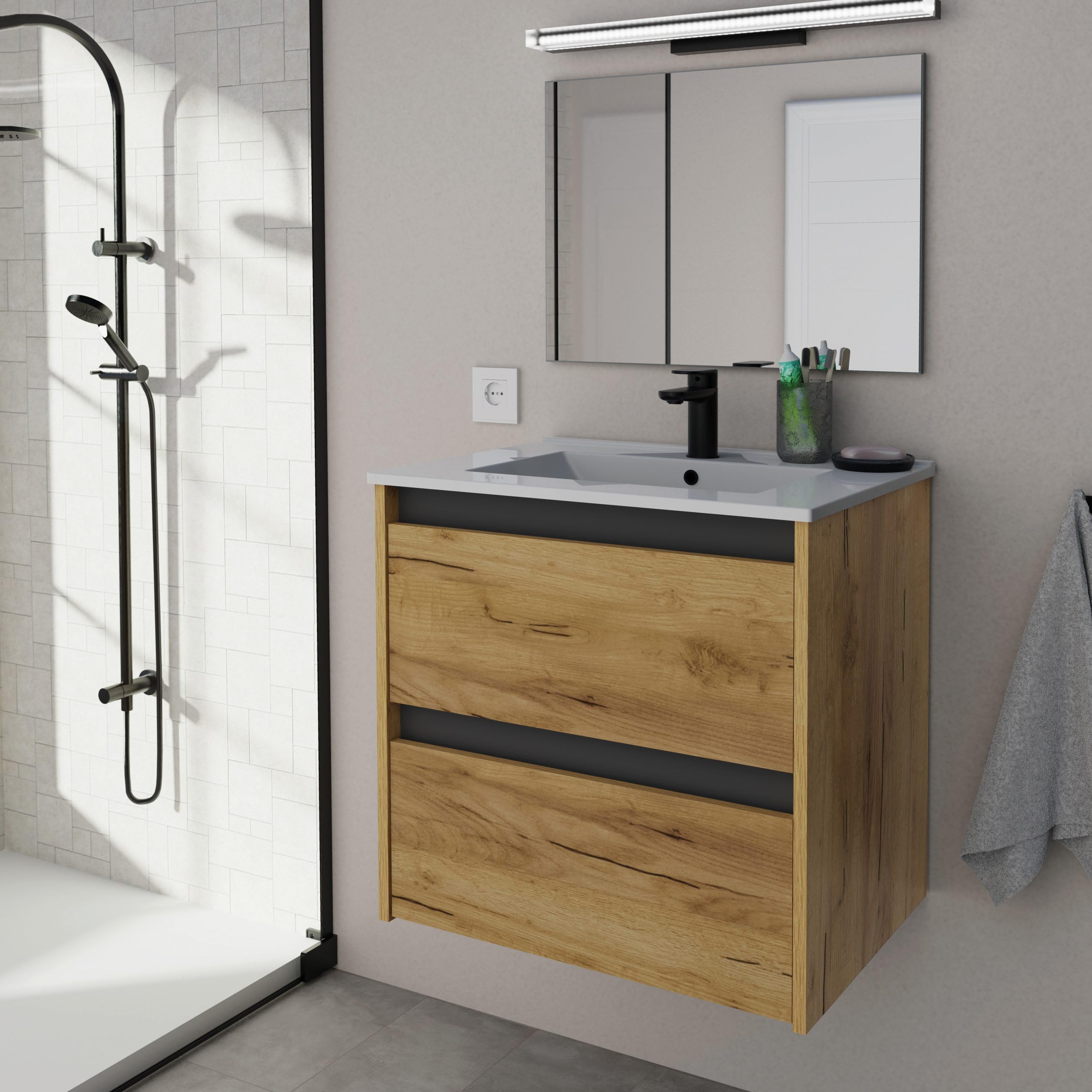 MUEBLES PITARCH Mueble de Baño 60cm Ancho, suspendido, 2 Cajones, Roble Kraft con un Toque Gris, para Lavabo encastrado, Estilo Moderno Modelo Nilo