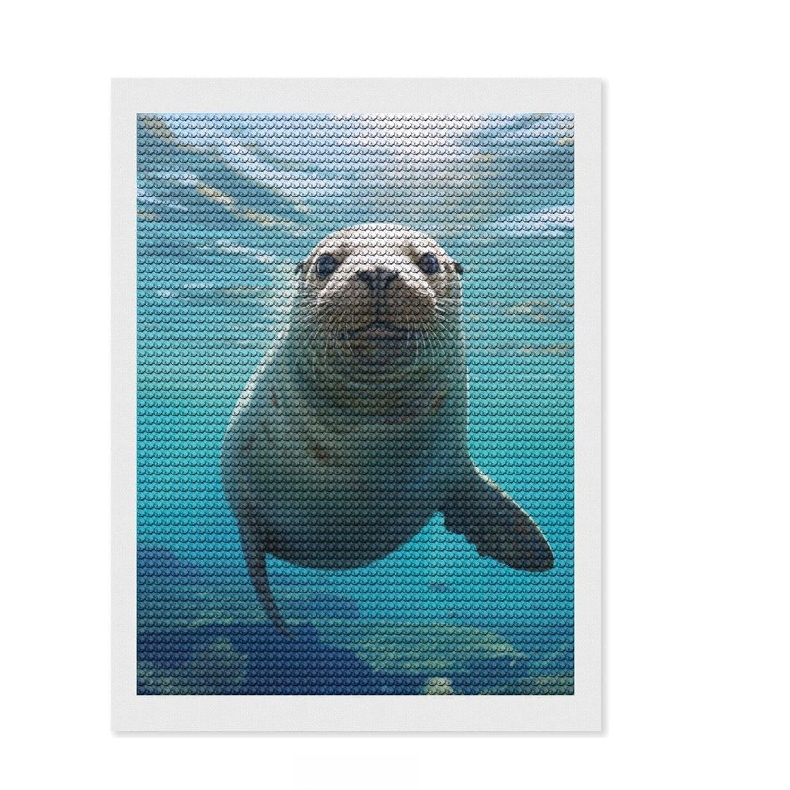 Junmoney Sea Lion Friend DIY Diamond Art Canvas Kit 12"x16", Boho Decor, for Teens, with Tool Kit, Christmas Gift, Mindful Craft Activity