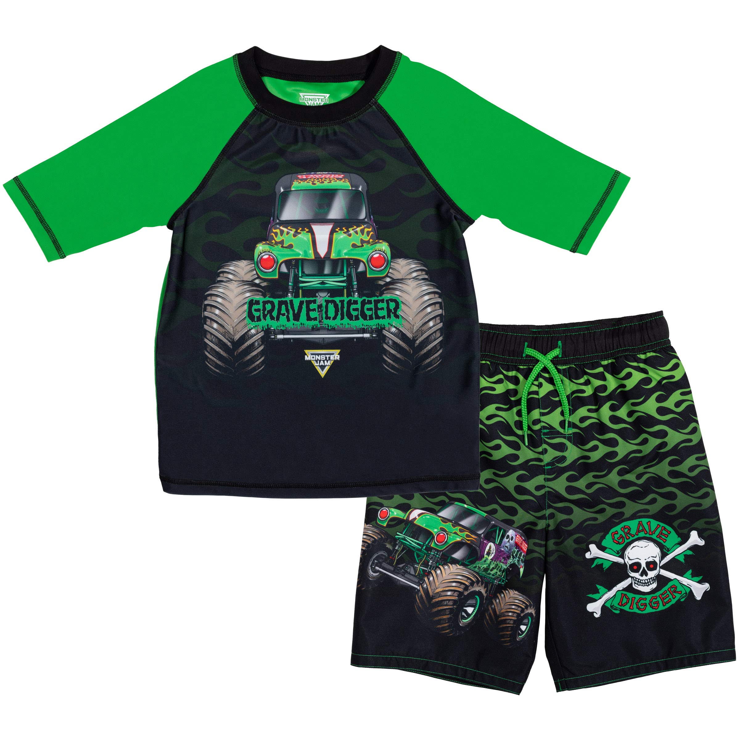 Monster JamUPF 50+ Pullover Rash Guard and Swim Trunks Outfit Set Toddler to Big Kid Grave Digger El Toro Loco Megalodon