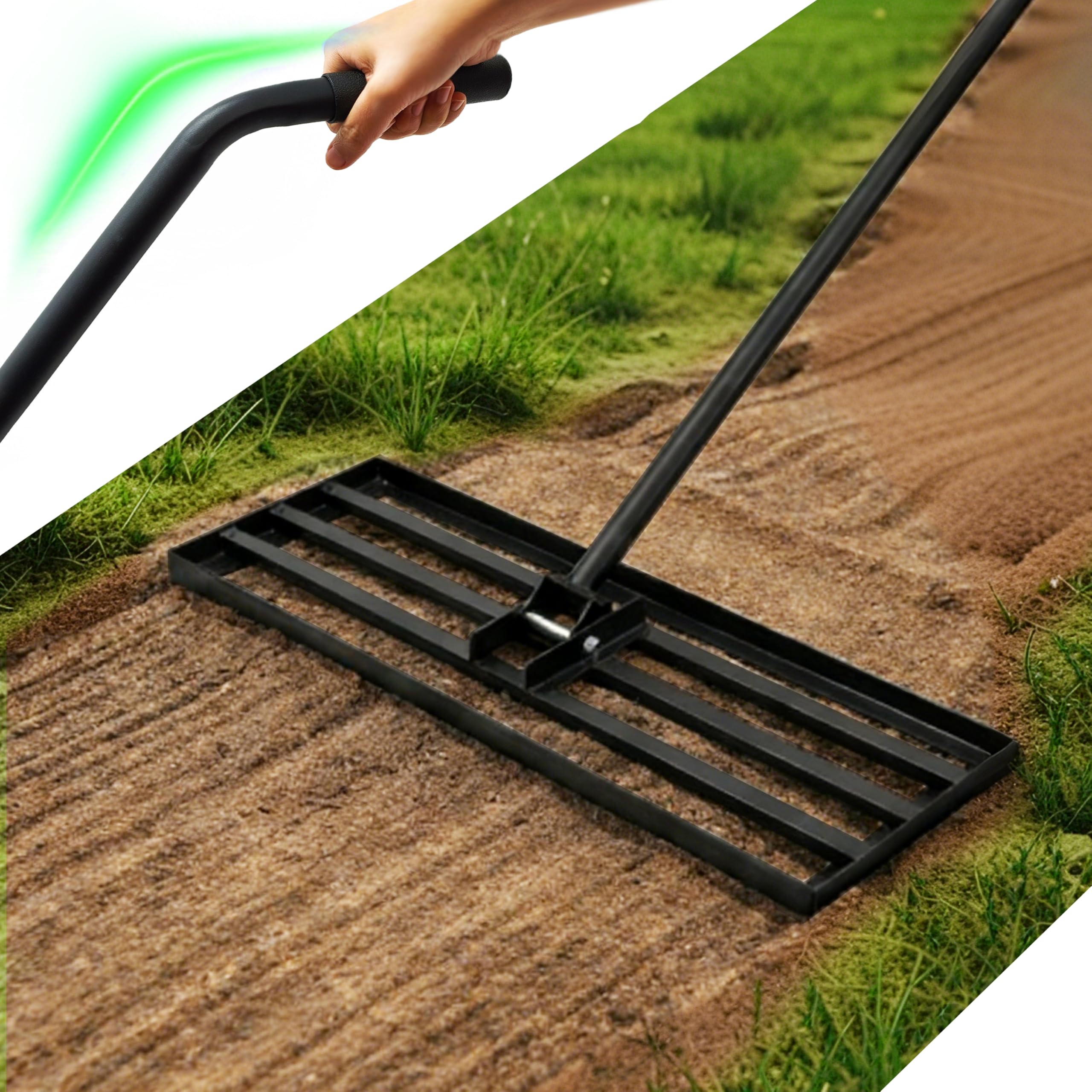 Rasen Rakel 75x25cm, Schwerer Nivellierrechen mit Ergonomischem Gebogenem Griff,Rasenrechen für Erde, Kies, Dünger, Ideal für Garten Golfplatz & Hof,Rasennivellierer 185cm