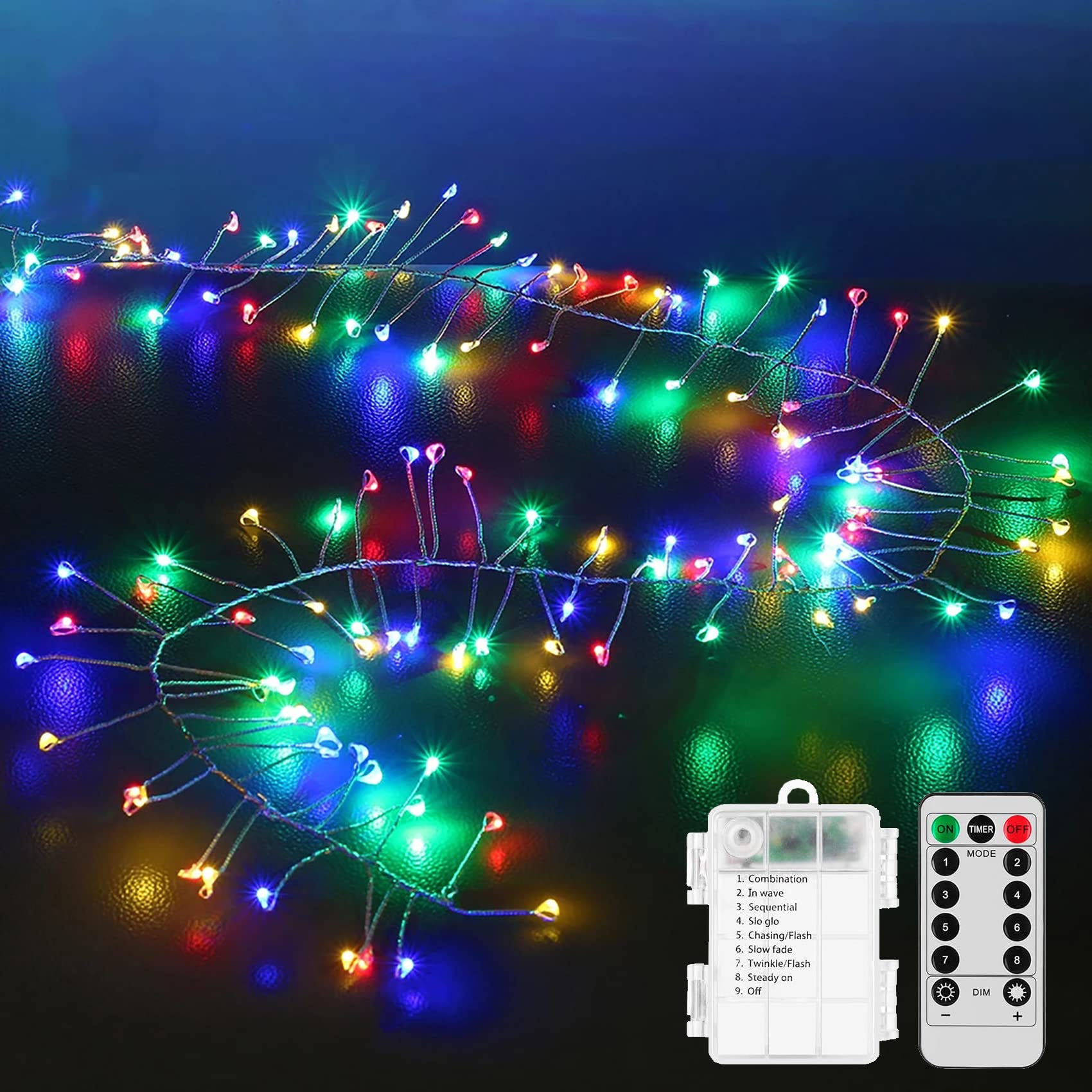 DINOWIN Firecrackers String Lights with Remote 9.8Ft 100 LED Waterproof Cluster Christmas Lights Battery Operated Fire Crackers Garland Fairy Light for Bedroom Garden Party (Multicolor)