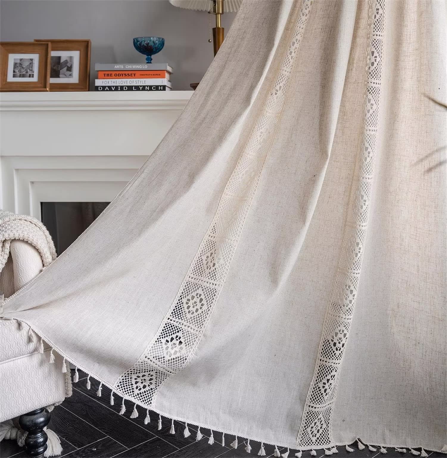 Vorhang Boho Leinen Vorhänge Beige Blickdicht Makramee Gardinen mit Quasten und Häkeln Stricken Vertikale Streifen Deko für Wohnzimmer Schlafzimmer Esszimmer, 1 Stück, B150xH175cm