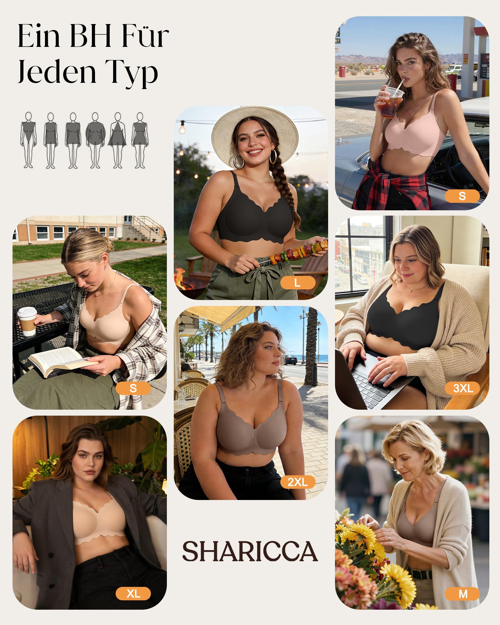 SHARICCA Gładki biustonosz damski, bez fiszbinów, głęboki dekolt w serek, biustonosz push-up, miękki, wygodny, bez fiszbin