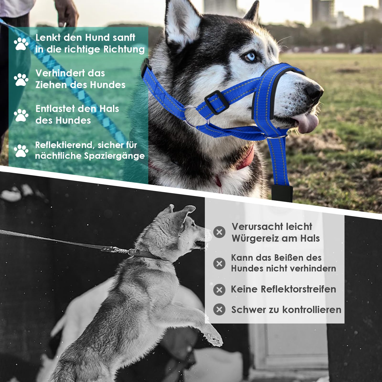Halti pour chien grand, Harnais pour chien avec tissu rembourré, Harnais de tête Halti réglable anti-traction, Collier anti-traction doux pour chien grand (Bleu, L (Museau : 11,6-14,8 pouces))