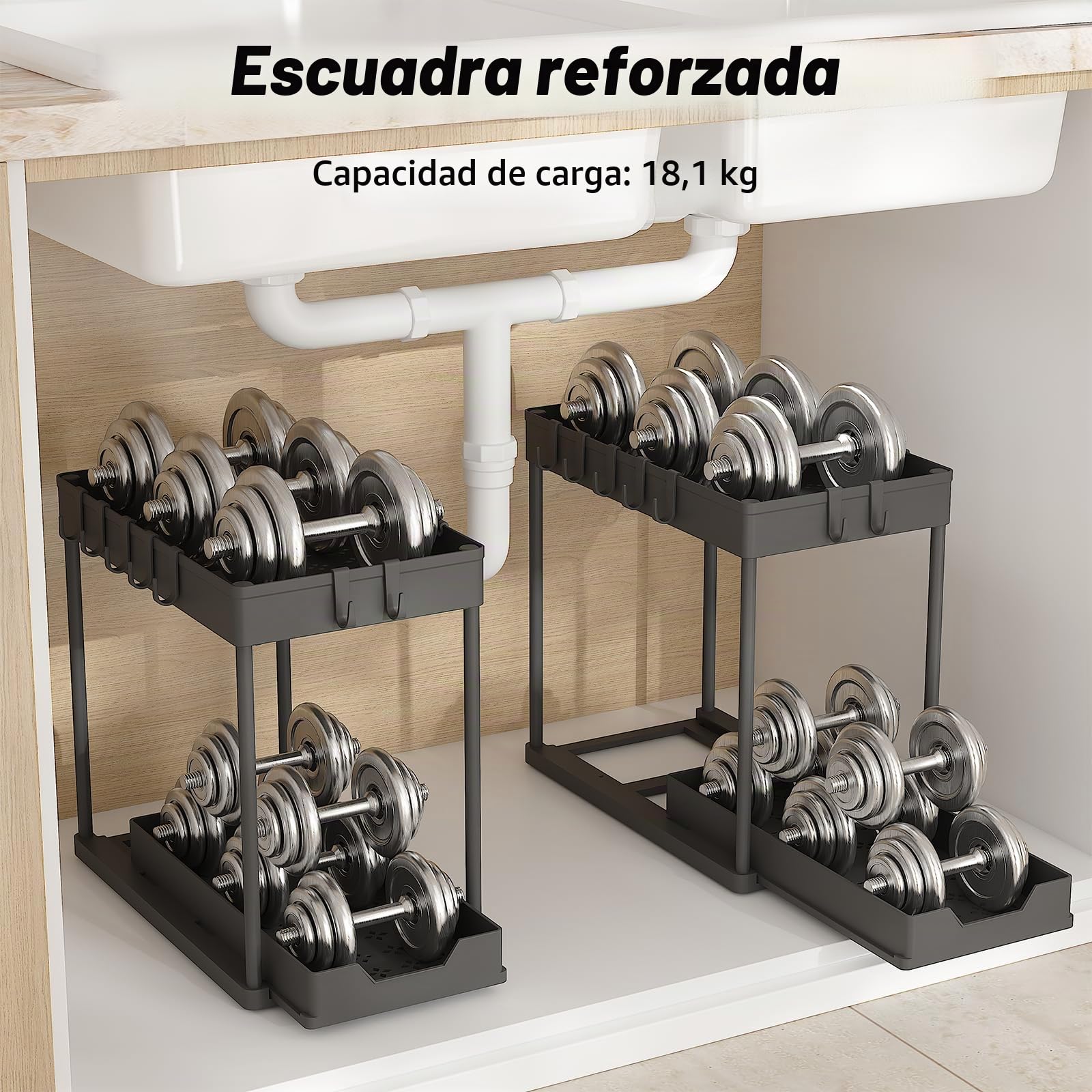 Meltrck 2 Paquete Organizador Cocina 2 Niveles para Debajo del Fregadero - Organizador Extraíble Estante Almacenamiento Debajo Fregadero con 16 Ganchos,Negro