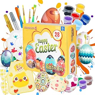 Easter Egg Painting Kit-28 Paintable Eggs with Doodle Kit and Apron Kit, DIY White Easter Eggs Dye Kit, Hanging Coloring Eggs with Rope for Easter Decoration, Hunts and Gift