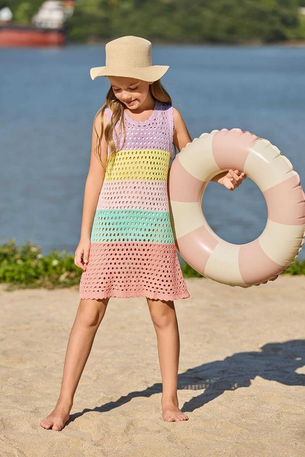 Haloumoning Girls Color Block Crochet Knit Swim Cover up Kids Summer Sleeveless Beach Dress 5-14 Years