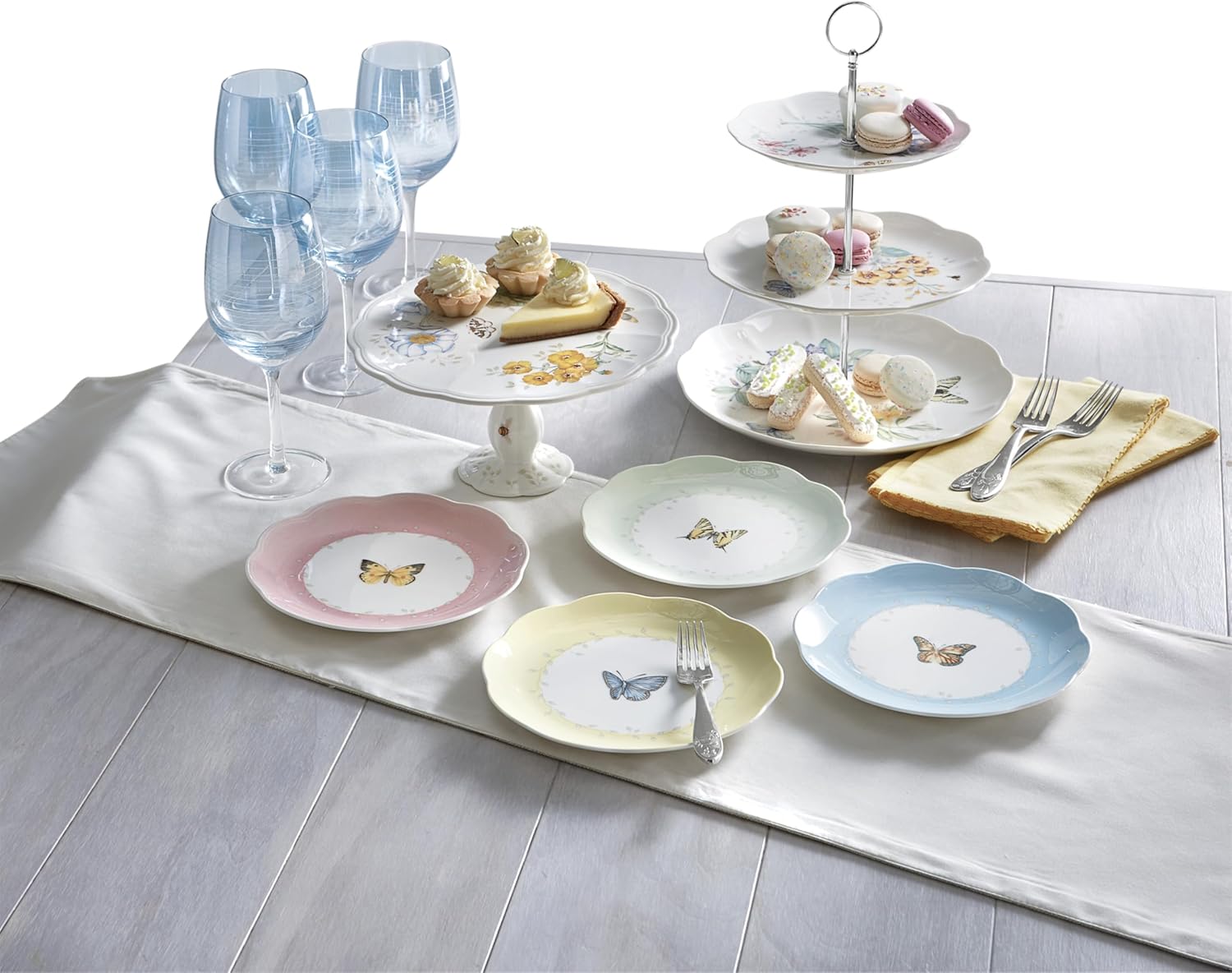 Lenox Dessert Plate Set, Lenox Butterfly Meadow Collection 4-Piece Dessert Porcelain Plates Set, Service For 4, Dishwasher & Microwavable Plate, Small Plates, 8 x 8-Inch, Spring Dishes (4 Piece)